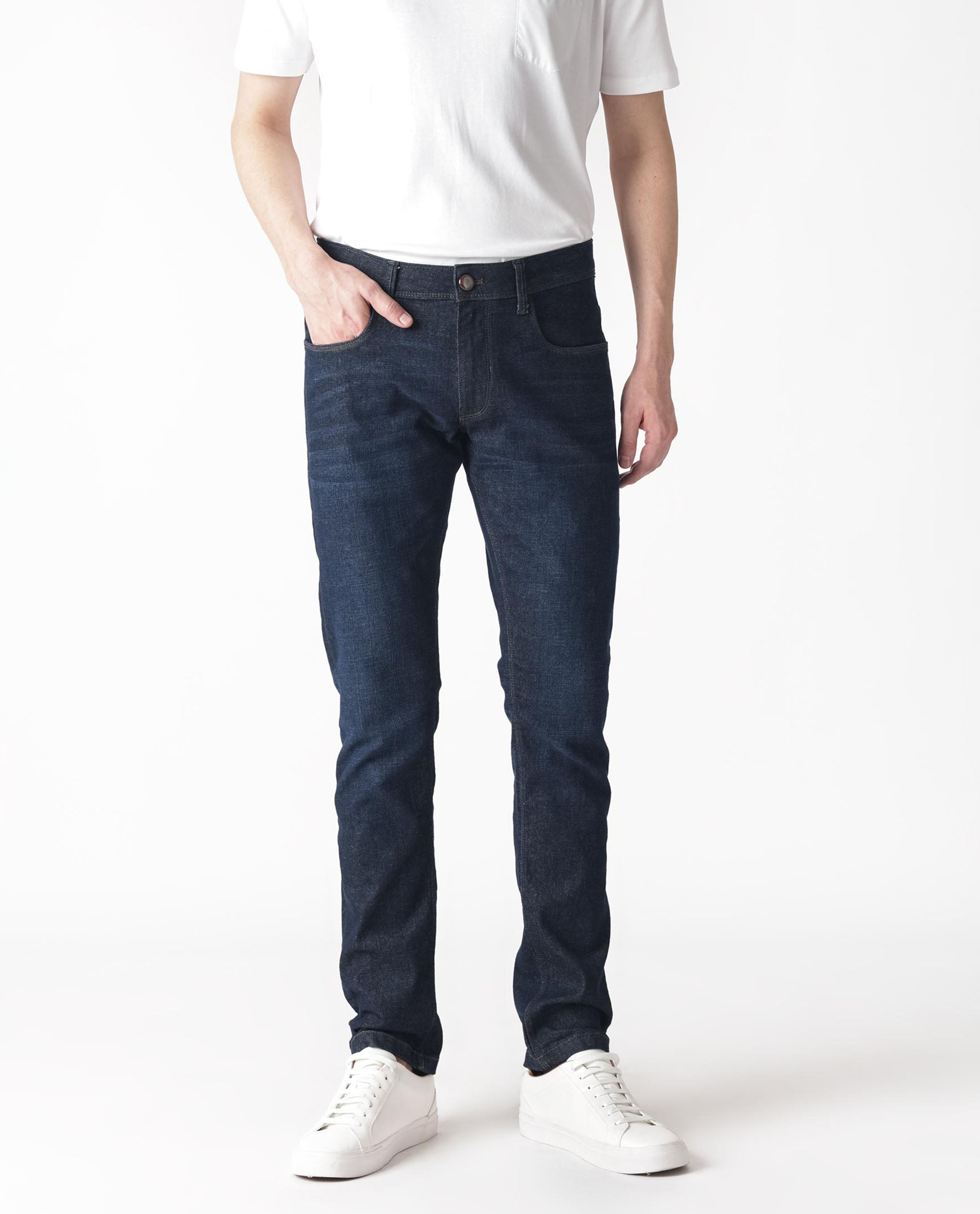 Rare Rabbit Mens Toledo Navy Mid Rise Rinse Wash Slim Fit Raw Denim Jeans