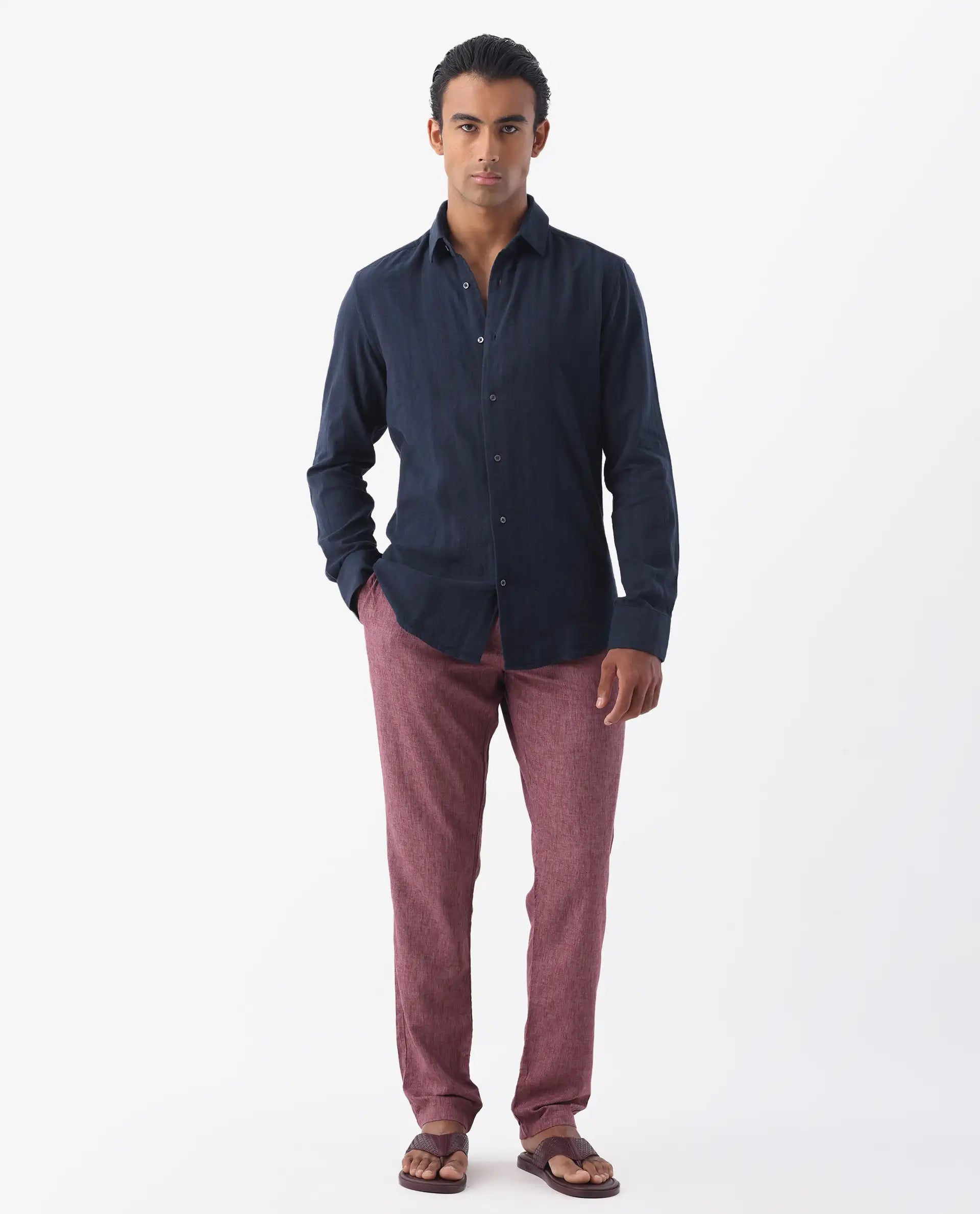 Rare Rabbit Men's Tolic Navy 100% Linen Striped Print Regular Fit Full Sleeve Collared Shirt