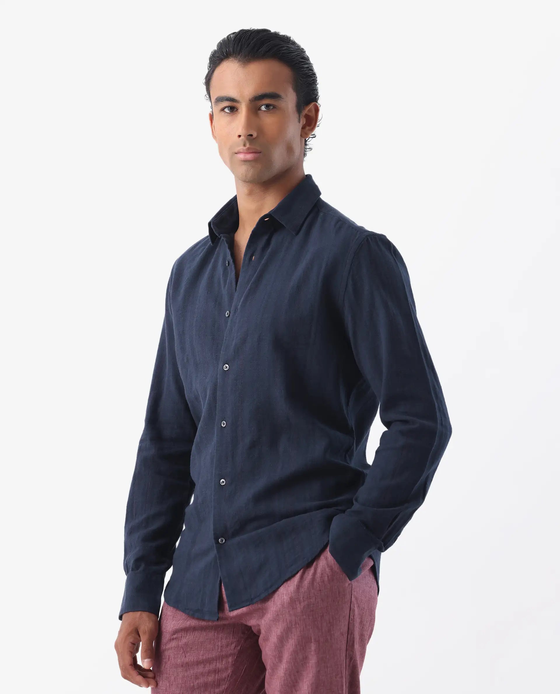 Rare Rabbit Men's Tolic Navy 100% Linen Striped Print Regular Fit Full Sleeve Collared Shirt