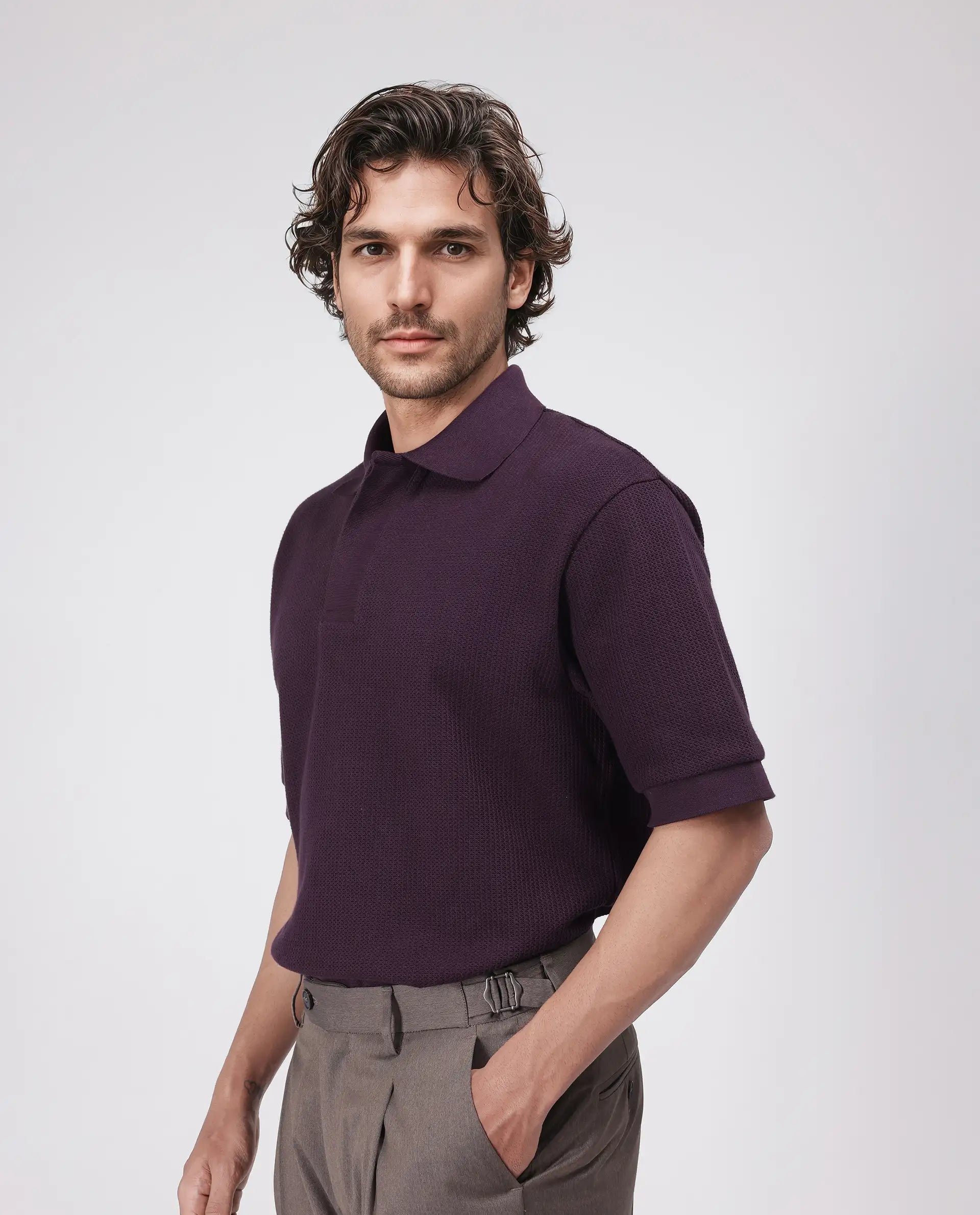 Rare Rabbit Men's Tom Dark Purple Cotton Fabric Half Sleeve Spread Collar Oversized Fit Textured Polo
