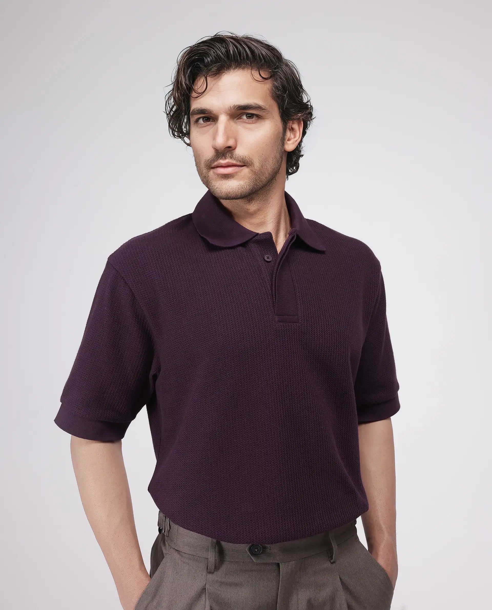 Rare Rabbit Men's Tom Dark Purple Cotton Fabric Half Sleeve Spread Collar Oversized Fit Textured Polo