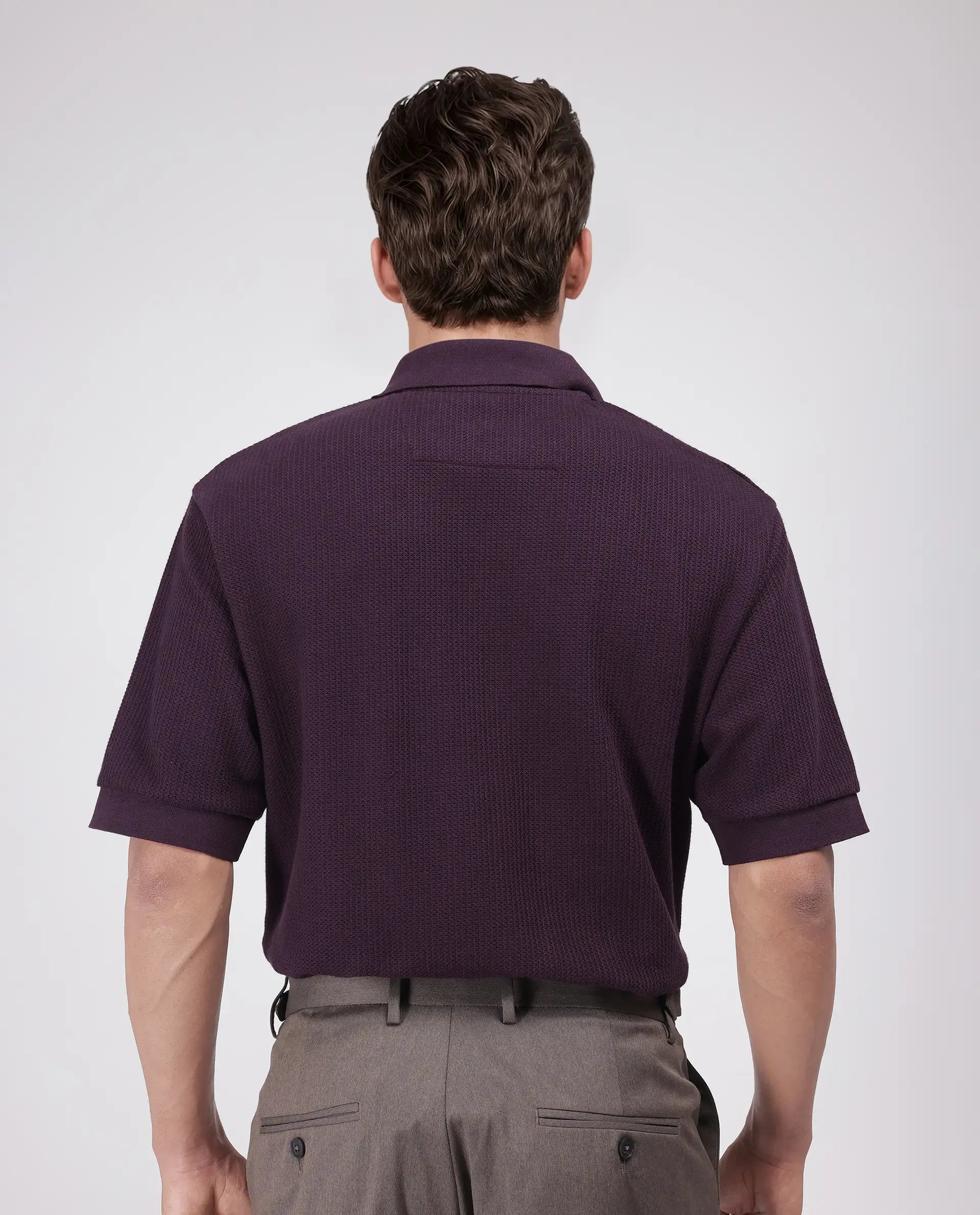 Rare Rabbit Men's Tom Dark Purple Cotton Fabric Half Sleeve Spread Collar Oversized Fit Textured Polo