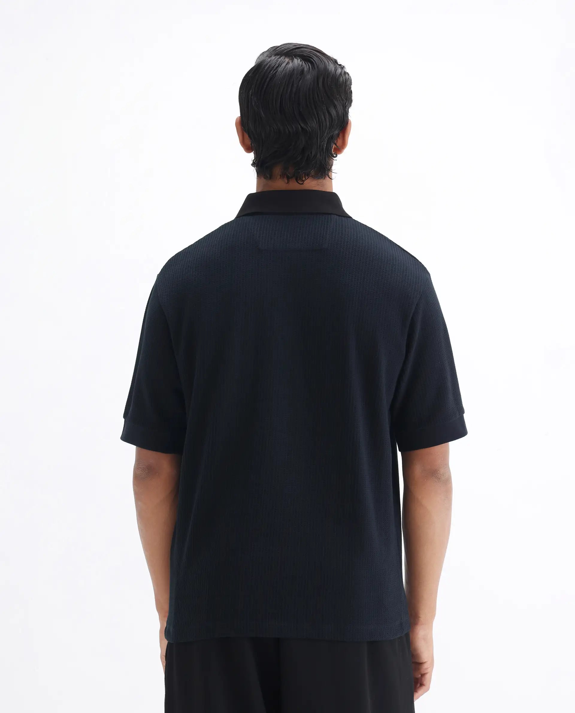 Rare Rabbit Men's Tom-N Navy Cotton Textured Oversized Fit Half Sleeve Polo