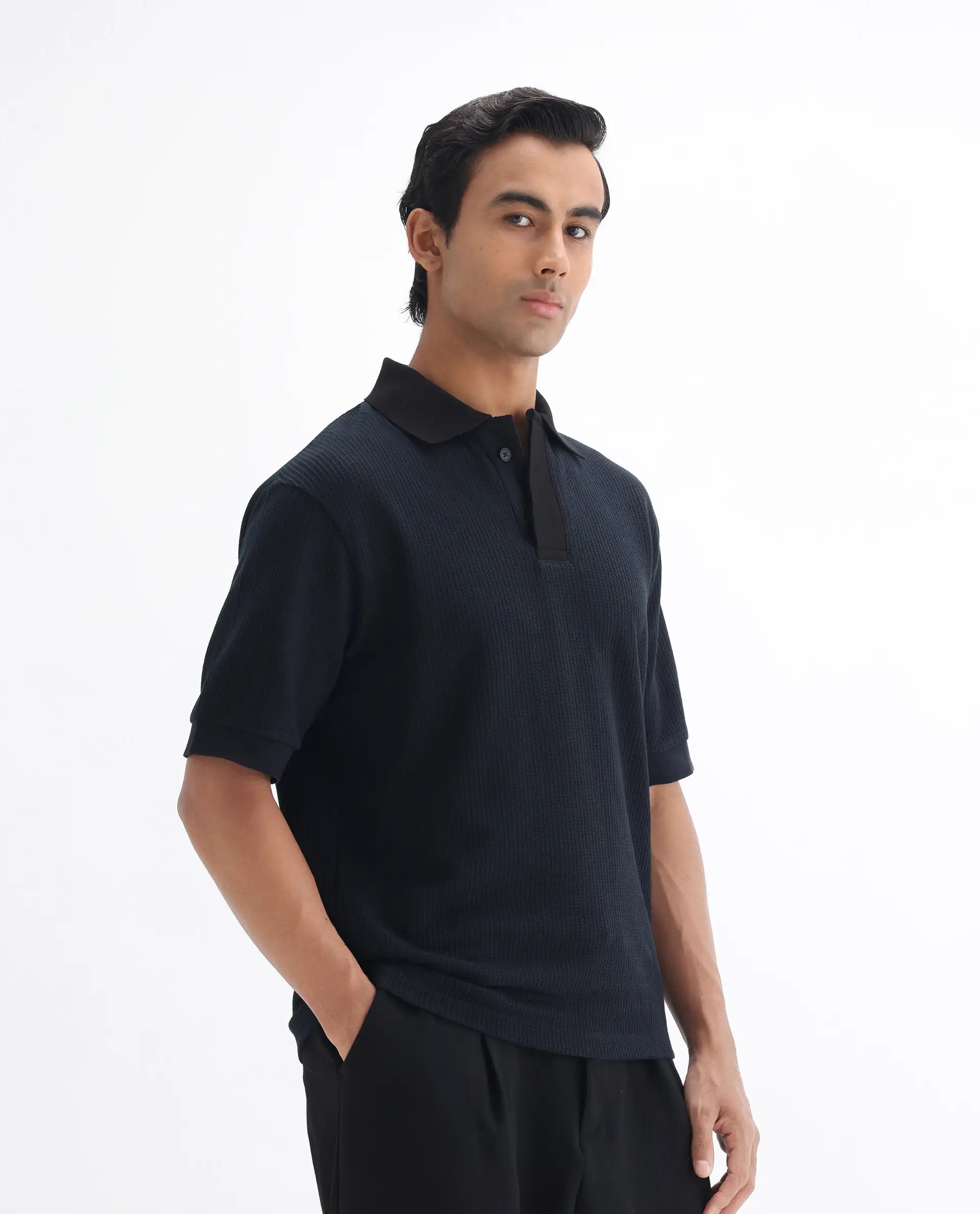 Rare Rabbit Men's Tom-N Navy Cotton Textured Oversized Fit Half Sleeve Polo