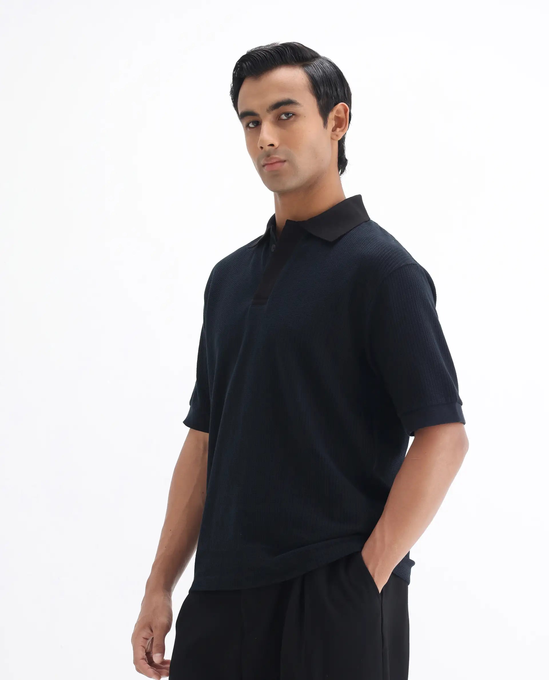 Rare Rabbit Men's Tom-N Navy Cotton Textured Oversized Fit Half Sleeve Polo