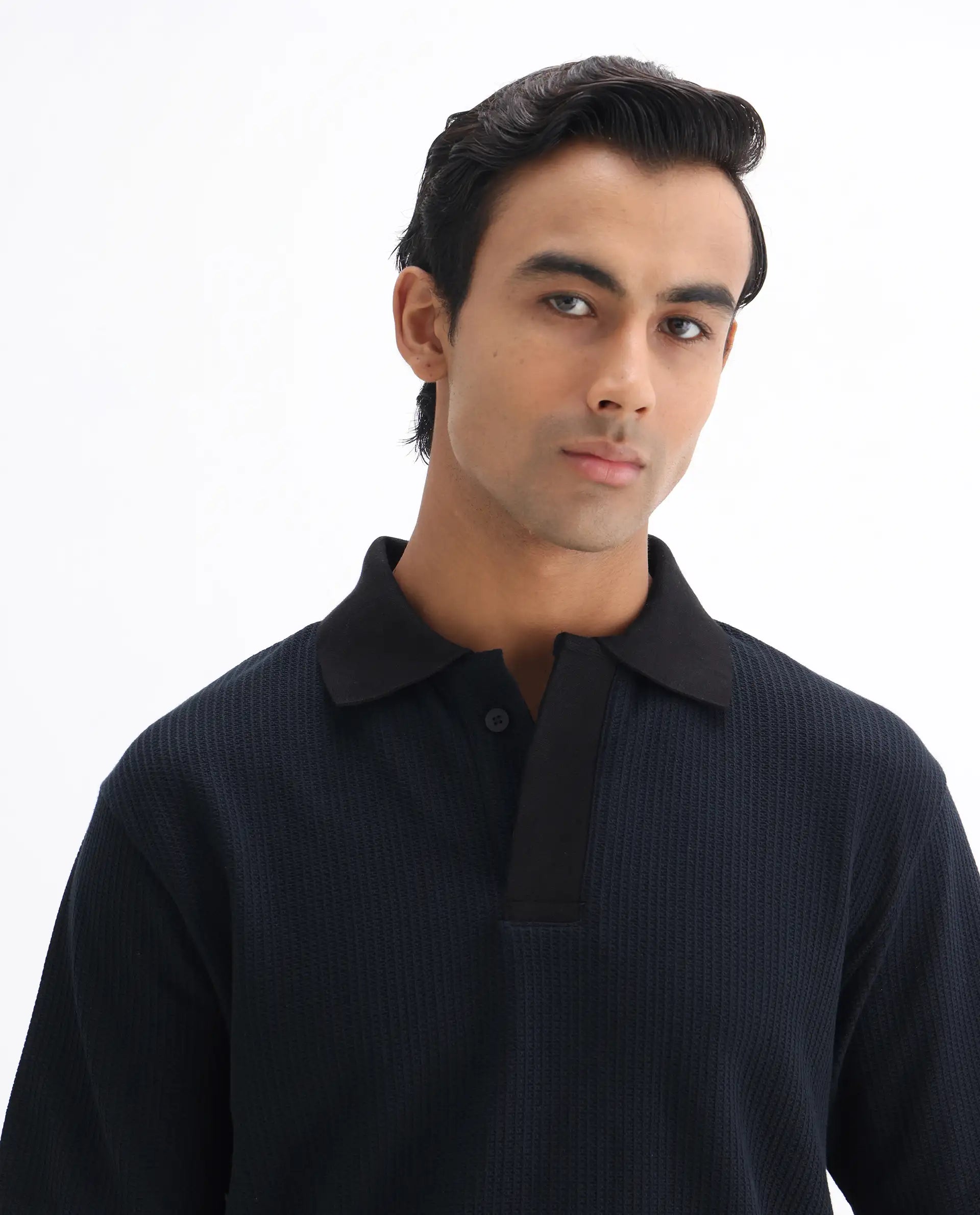 Rare Rabbit Men's Tom-N Navy Cotton Textured Oversized Fit Half Sleeve Polo