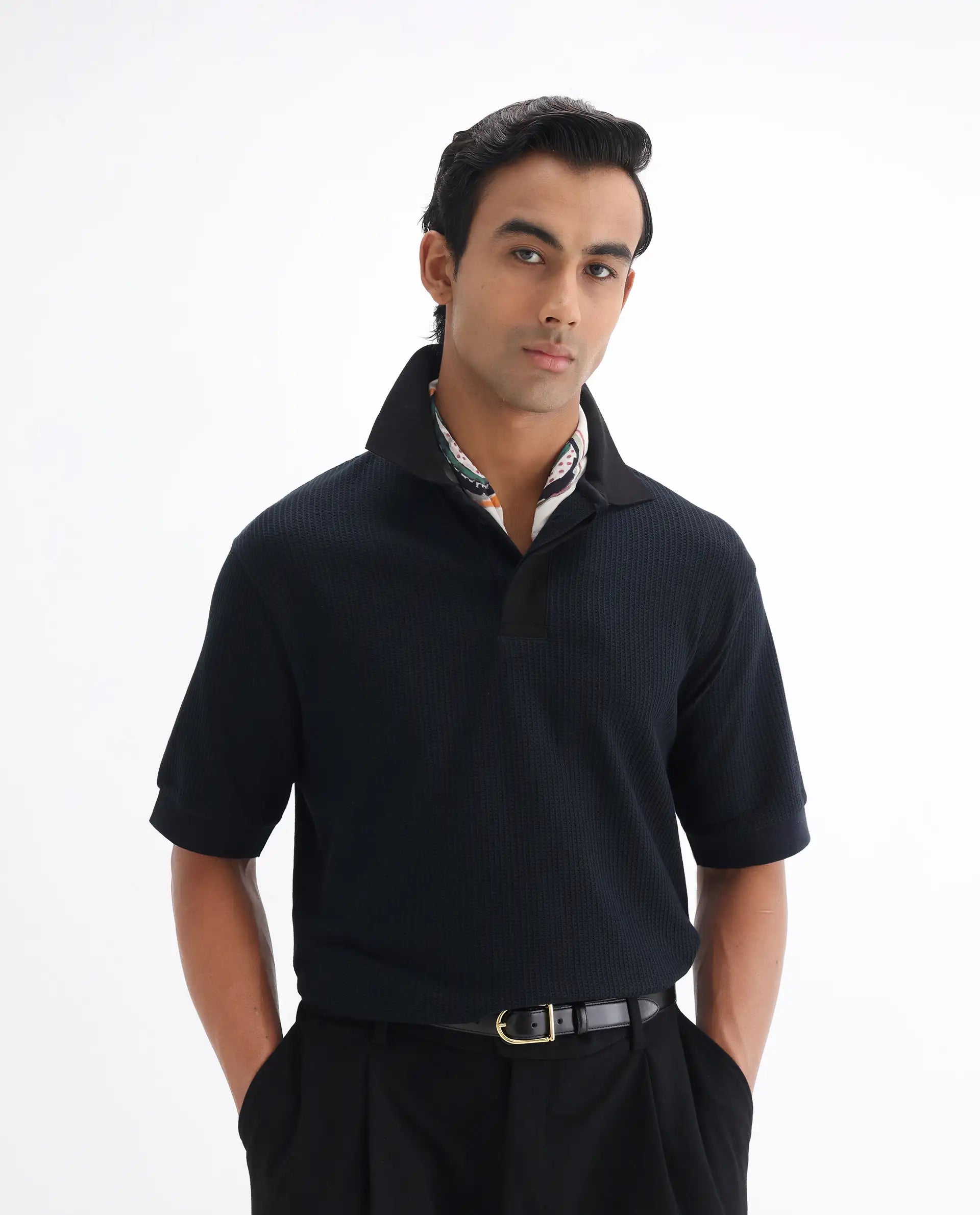 Rare Rabbit Men's Tom-N Navy Cotton Textured Oversized Fit Half Sleeve Polo