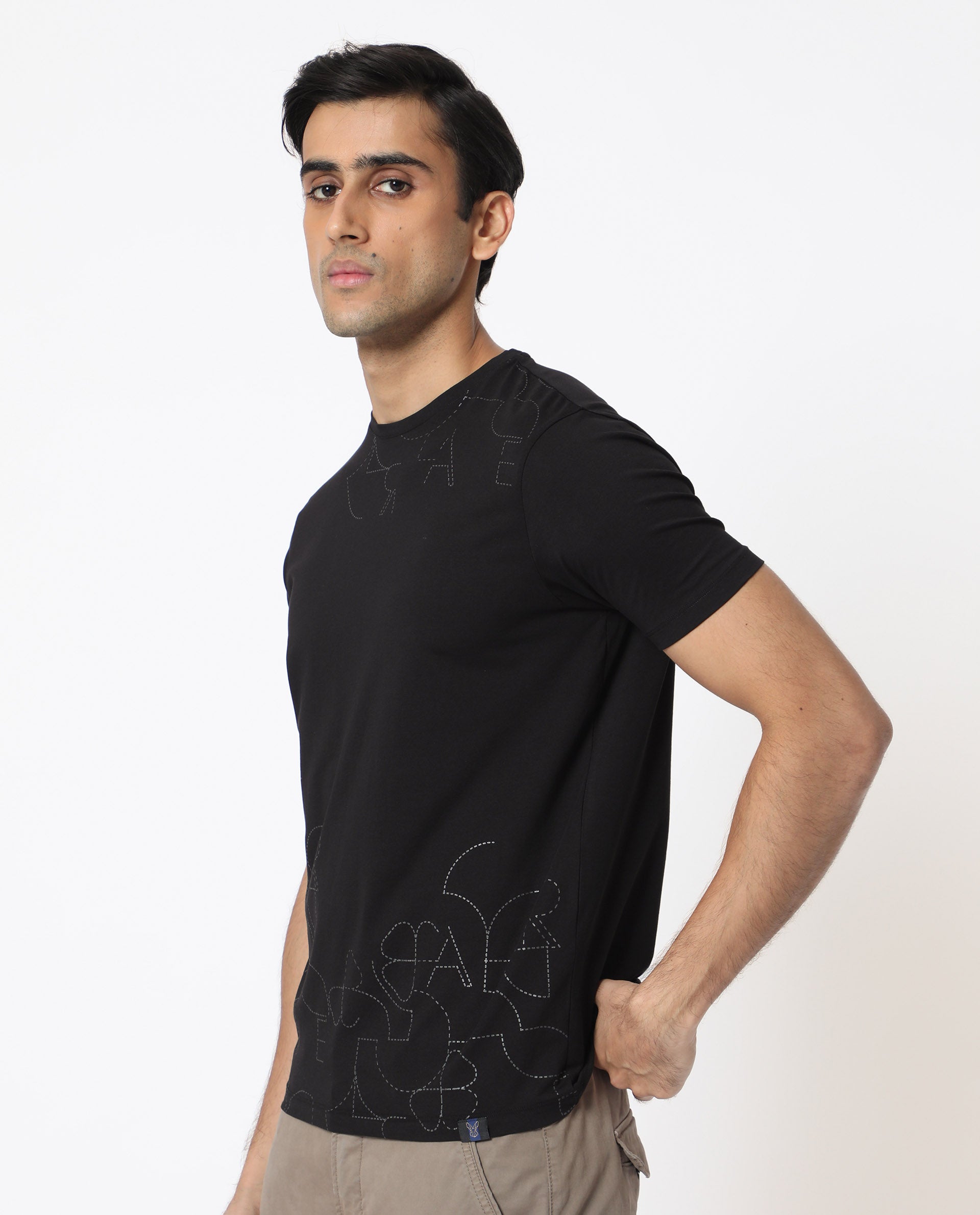 Rare Rabbit Men's Tona Black Crew Neck Half Sleeves Regular Fit Monogram Placement Print T-Shirt