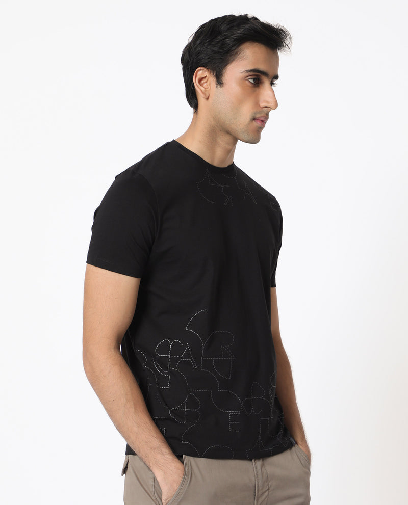 Rare Rabbit Men's Tona Black Crew Neck Half Sleeves Regular Fit Monogram Placement Print T-Shirt