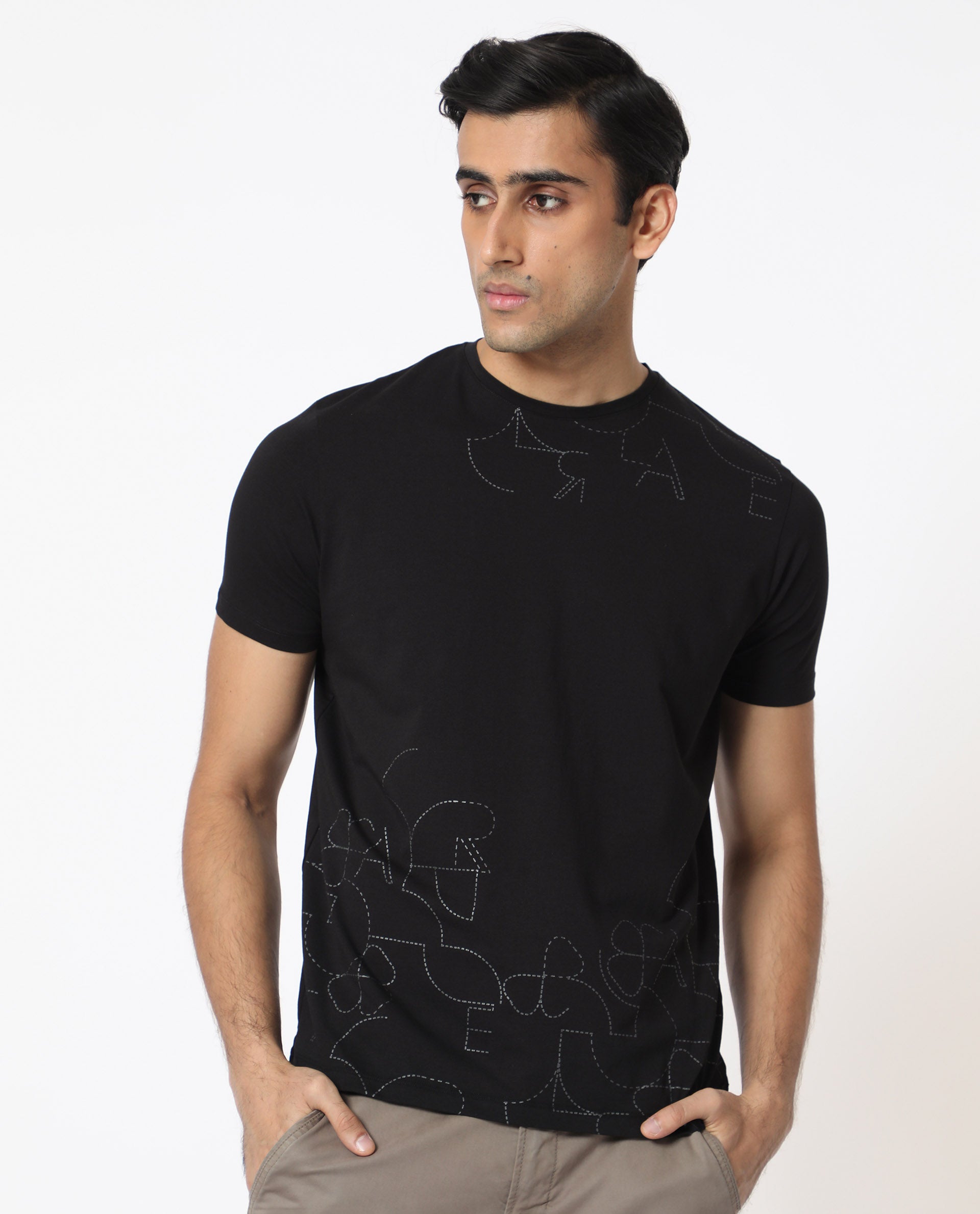 Rare Rabbit Men's Tona Black Crew Neck Half Sleeves Regular Fit Monogram Placement Print T-Shirt