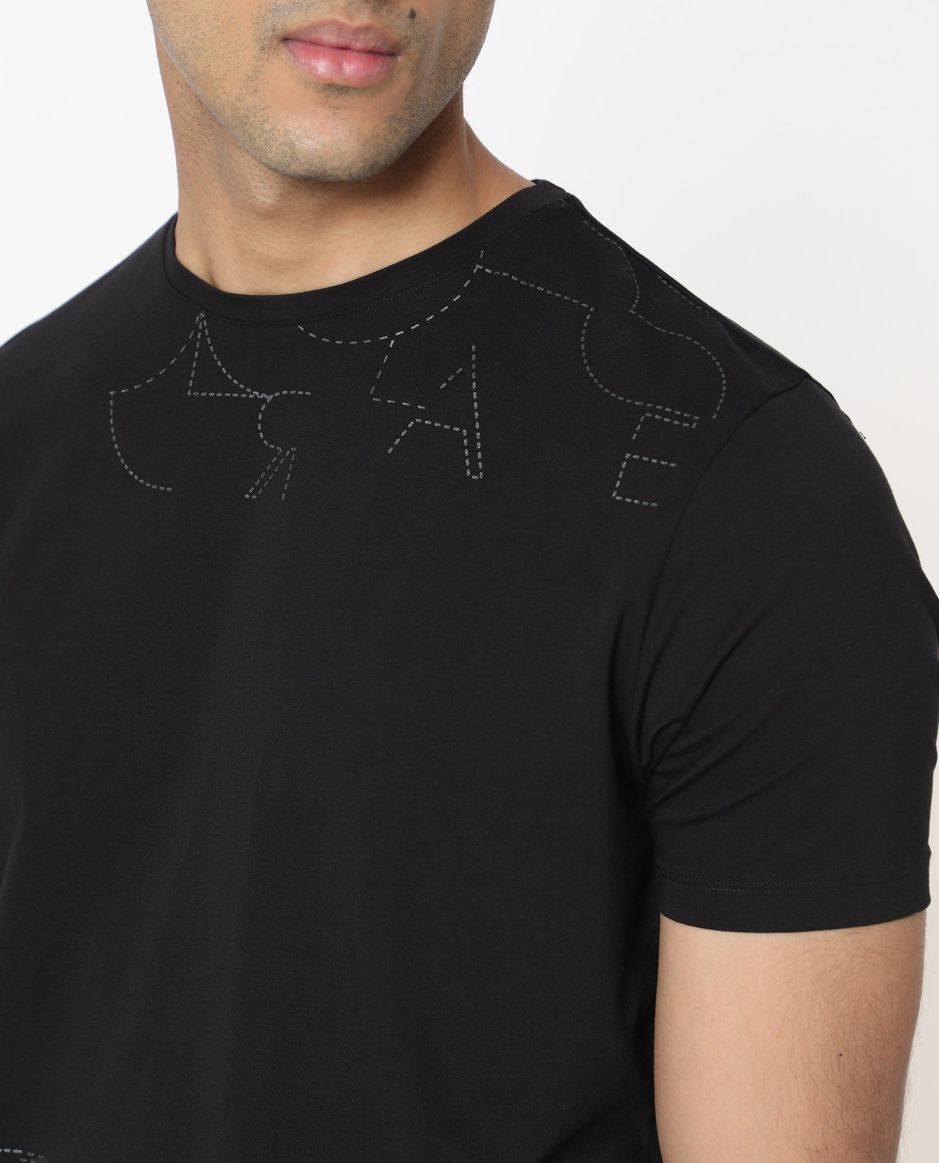 Rare Rabbit Men's Tona Black Crew Neck Half Sleeves Regular Fit Monogram Placement Print T-Shirt
