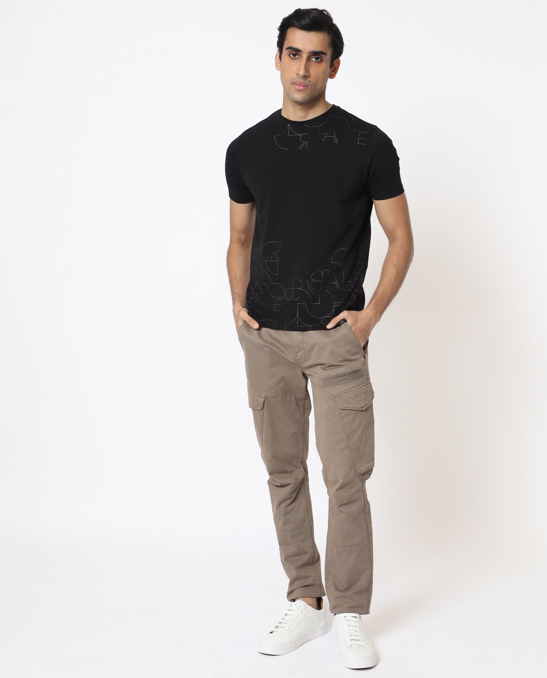 Rare Rabbit Men's Tona Black Crew Neck Half Sleeves Regular Fit Monogram Placement Print T-Shirt