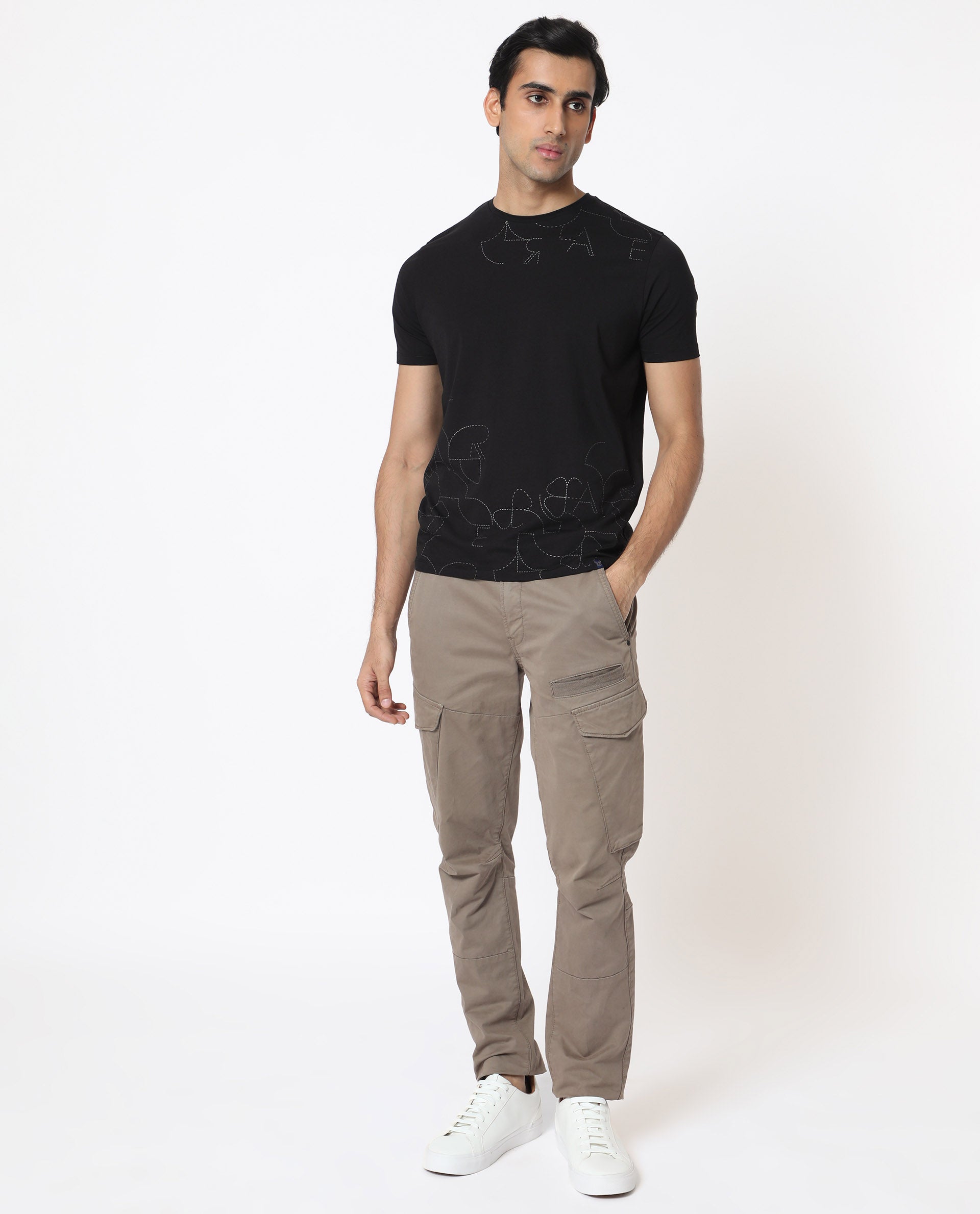 Rare Rabbit Men's Tona Black Crew Neck Half Sleeves Regular Fit Monogram Placement Print T-Shirt