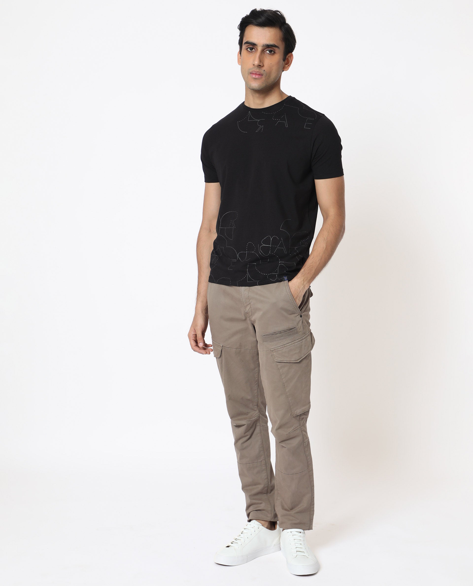 Rare Rabbit Men's Tona Black Crew Neck Half Sleeves Regular Fit Monogram Placement Print T-Shirt