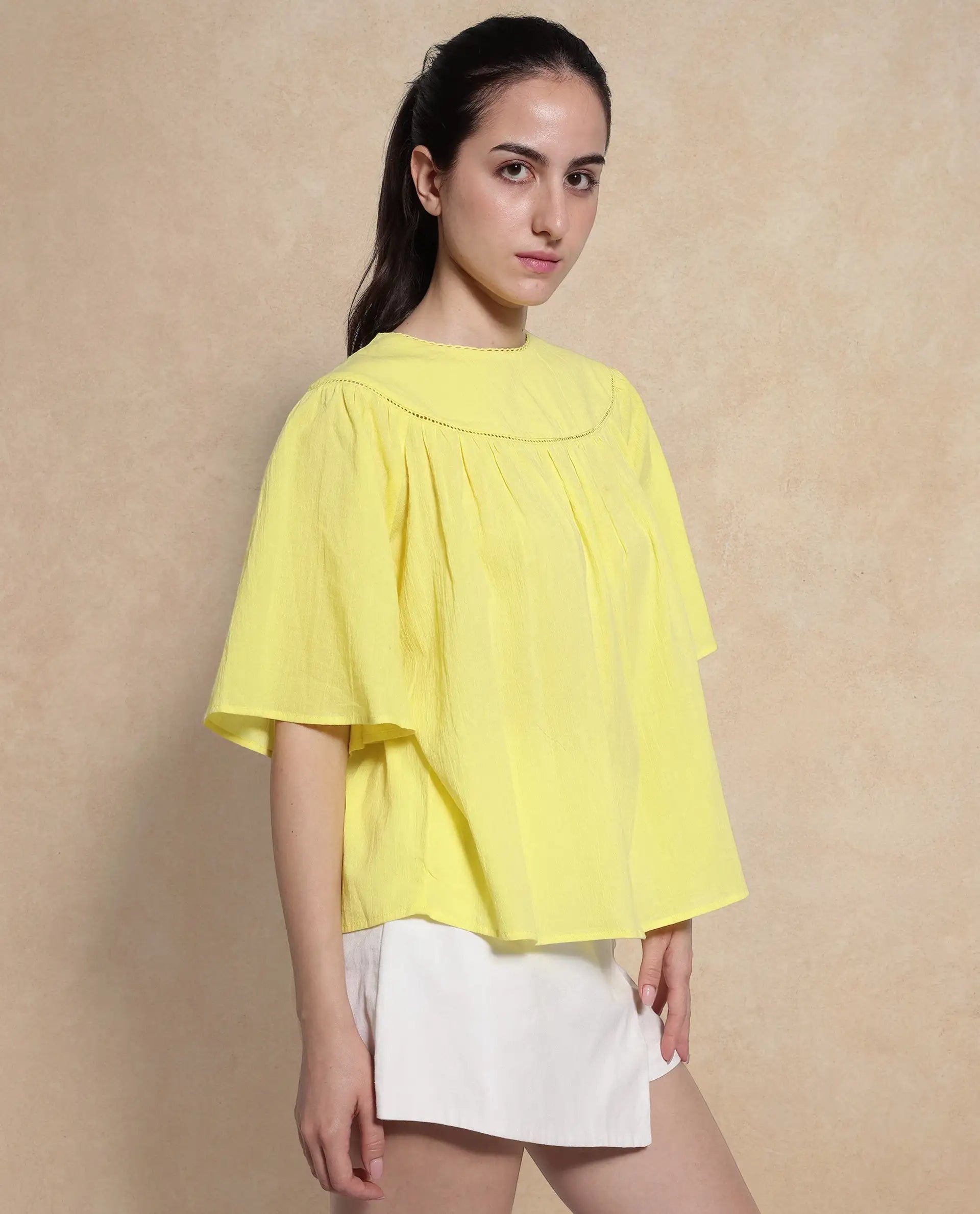 Rareism Women Tonala Yellow Button Closure Raglan Sleeves Crew Neck Relaxed Fit Plain Top