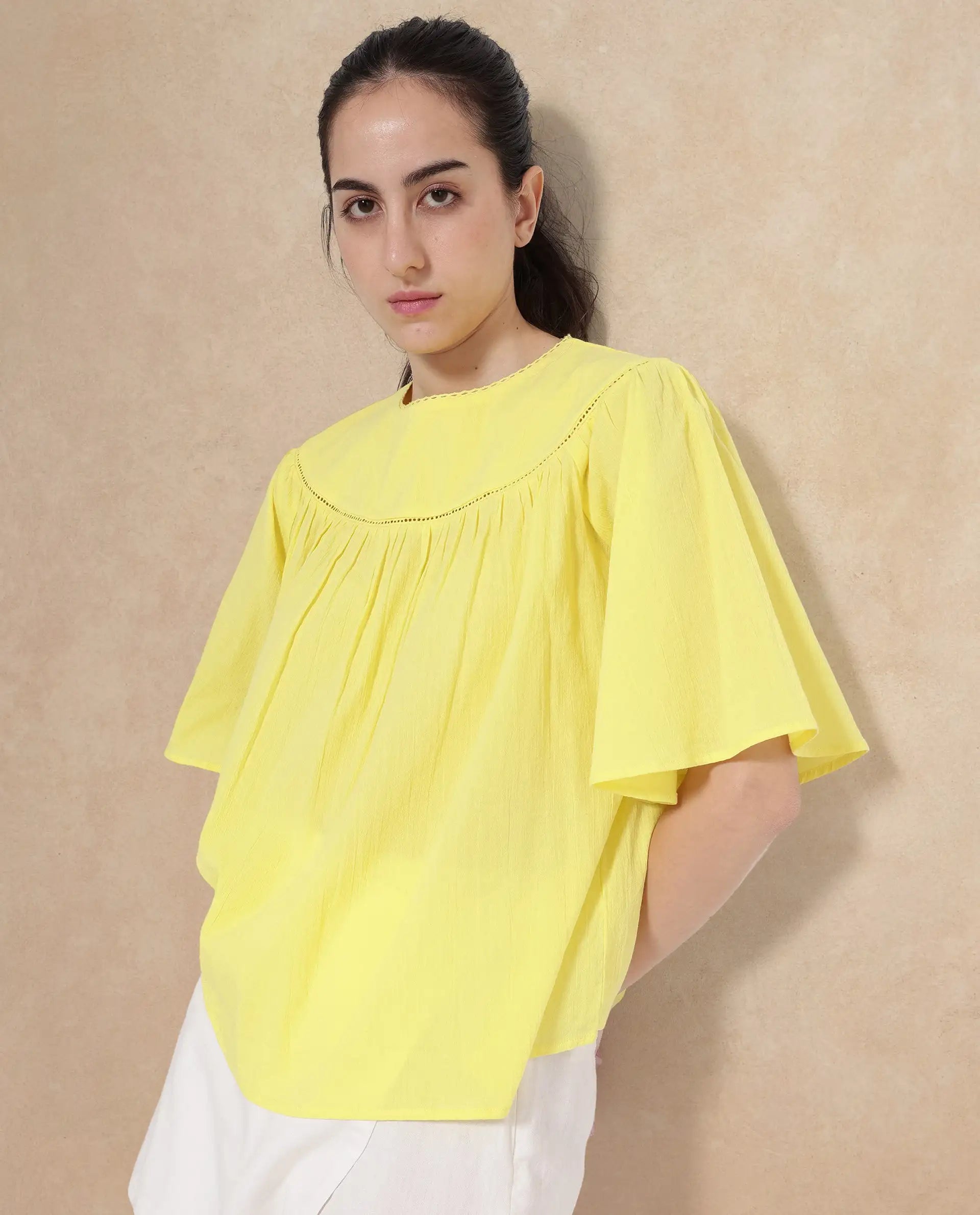 Rareism Women Tonala Yellow Button Closure Raglan Sleeves Crew Neck Relaxed Fit Plain Top