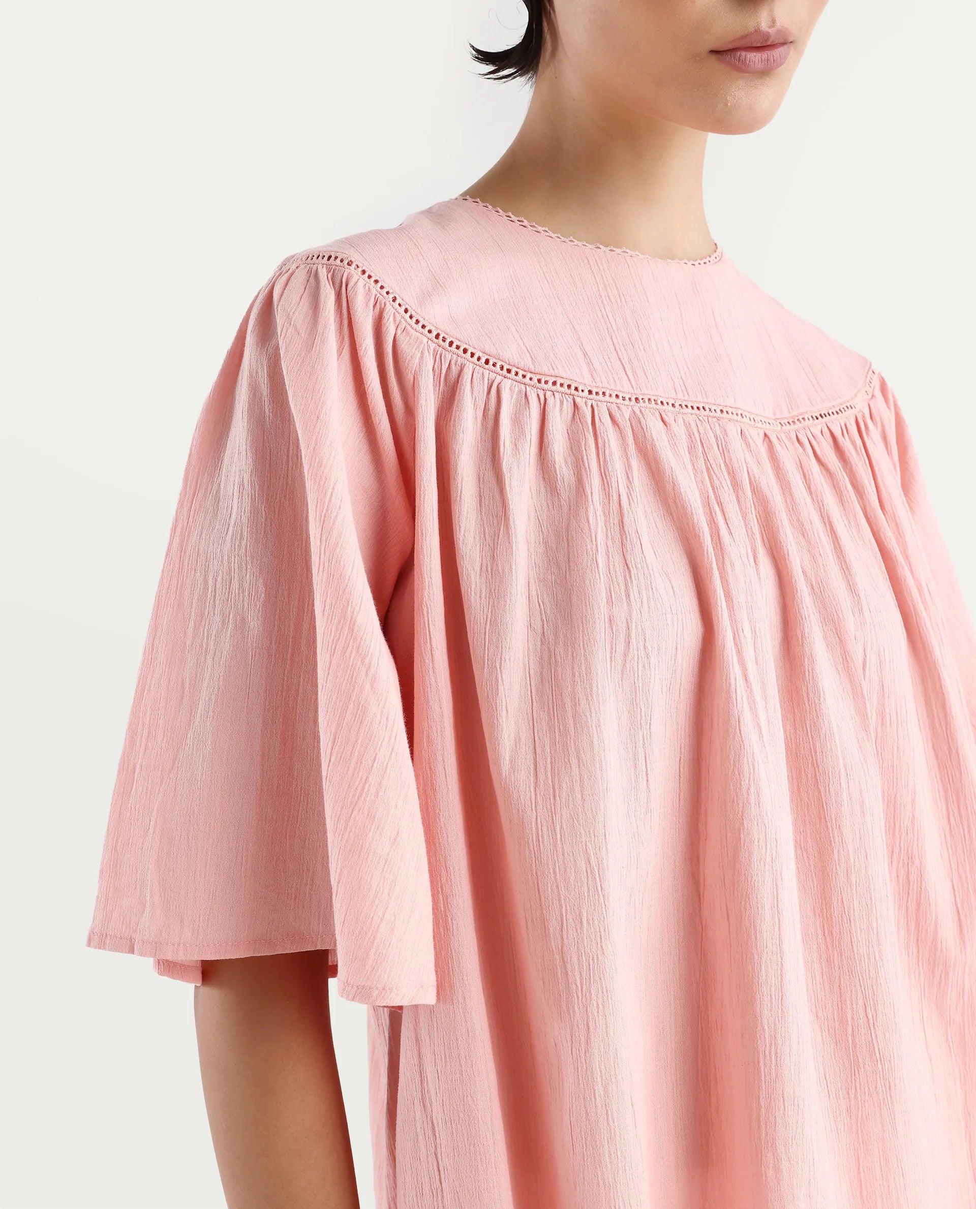 Rareism Women's Tonala Light Pink Cotton Blend Crew Neck Plain Raglan Sleeve Relaxed Fit Top