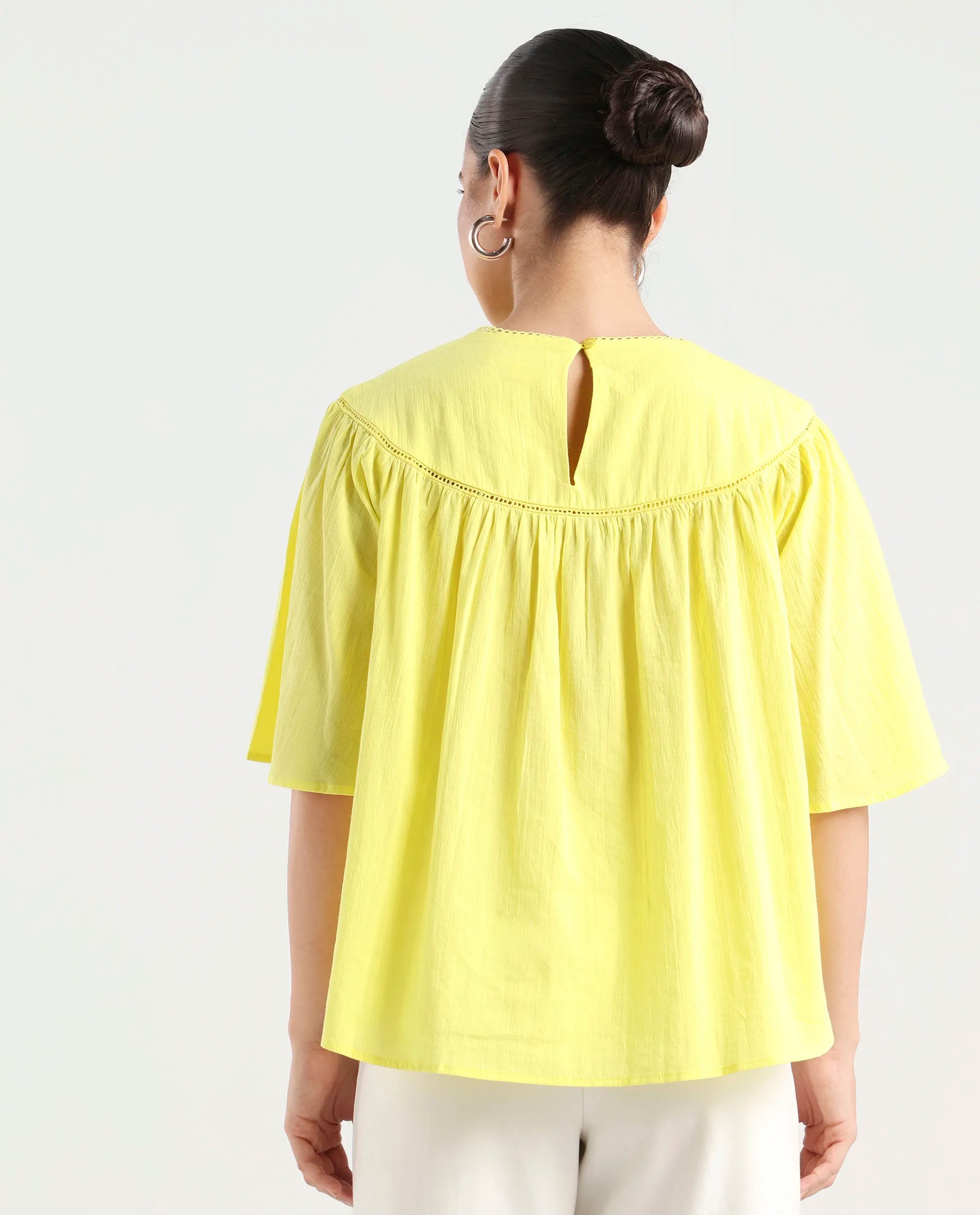 Rareism Women's Tonala Yellow Cotton Blend Crew Neck Plain Raglan Sleeve Relaxed Fit Top