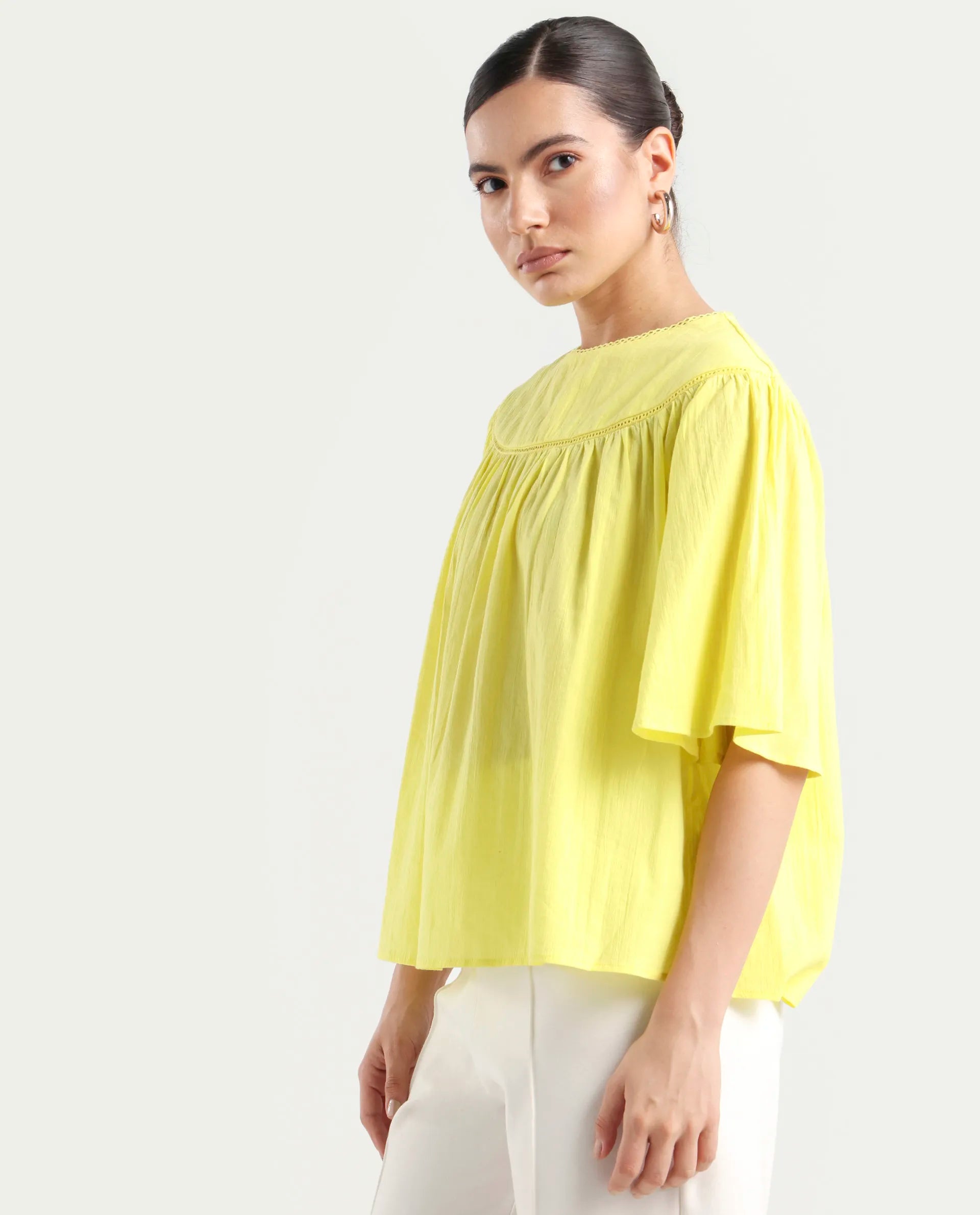 Rareism Women's Tonala Yellow Cotton Blend Crew Neck Plain Raglan Sleeve Relaxed Fit Top