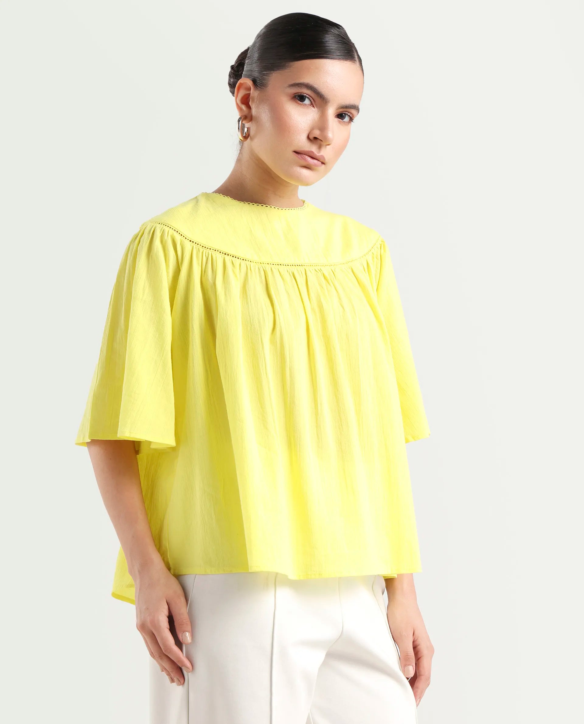 Rareism Women's Tonala Yellow Cotton Blend Crew Neck Plain Raglan Sleeve Relaxed Fit Top