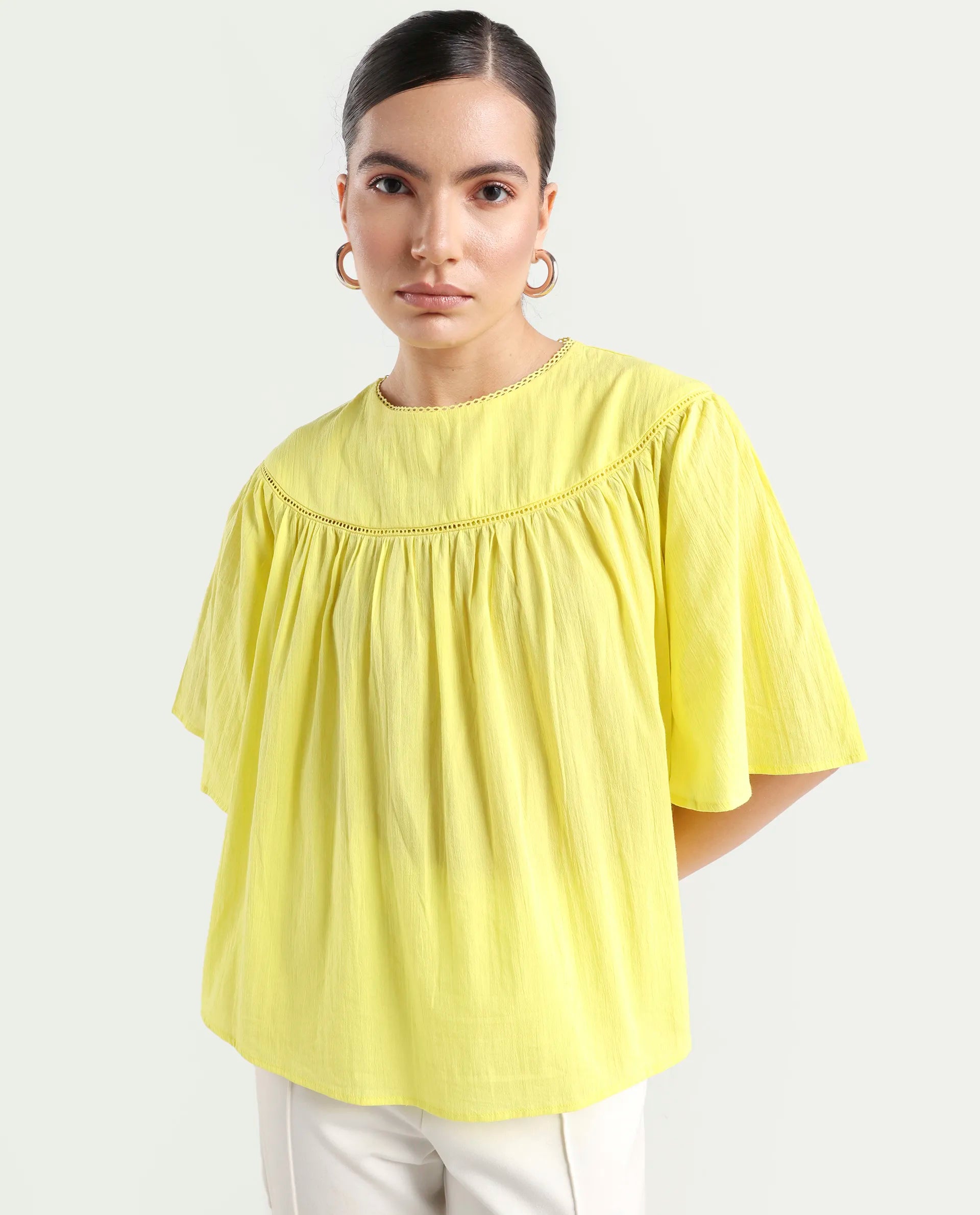 Rareism Women's Tonala Yellow Cotton Blend Crew Neck Plain Raglan Sleeve Relaxed Fit Top