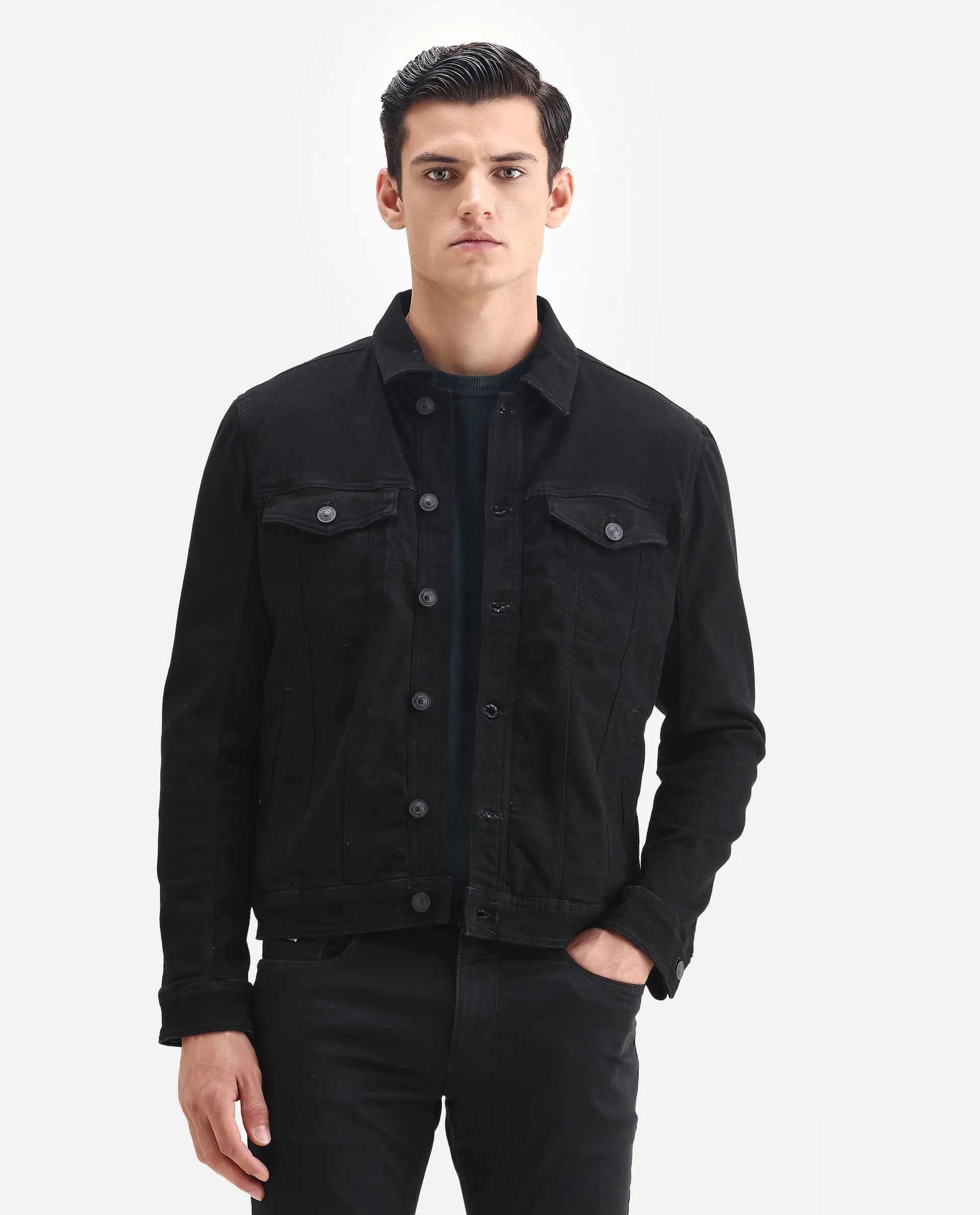 Rare Rabbit Men's Tonk Black Cotton Plain Regular Fit Full Sleeve Spread Collar Jacket