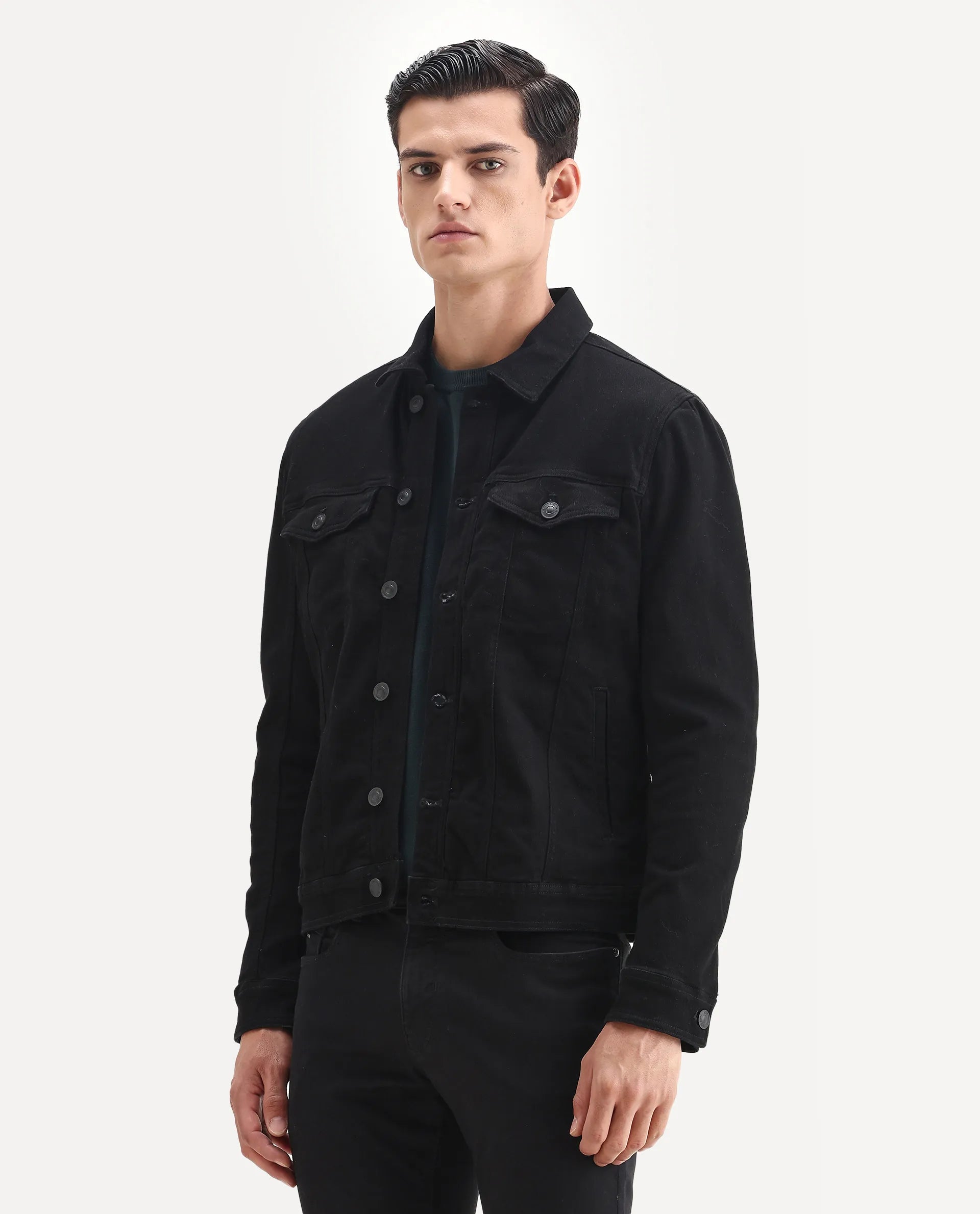 Rare Rabbit Men's Tonk Black Cotton Plain Regular Fit Full Sleeve Spread Collar Jacket