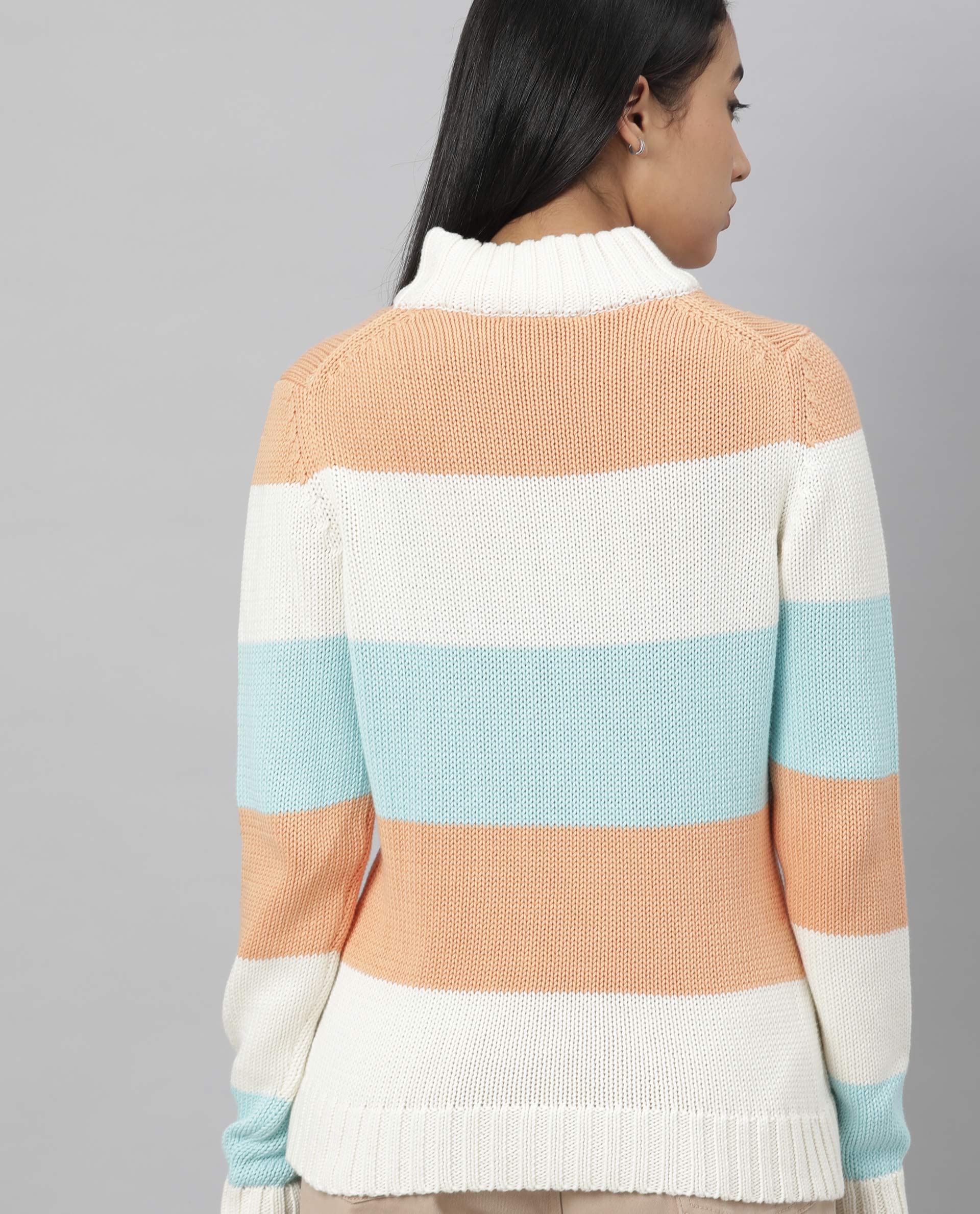 Rareism Women Tony Orange  Full Sleeves Regular Fit Color Blocked Turtle Neck Sweater