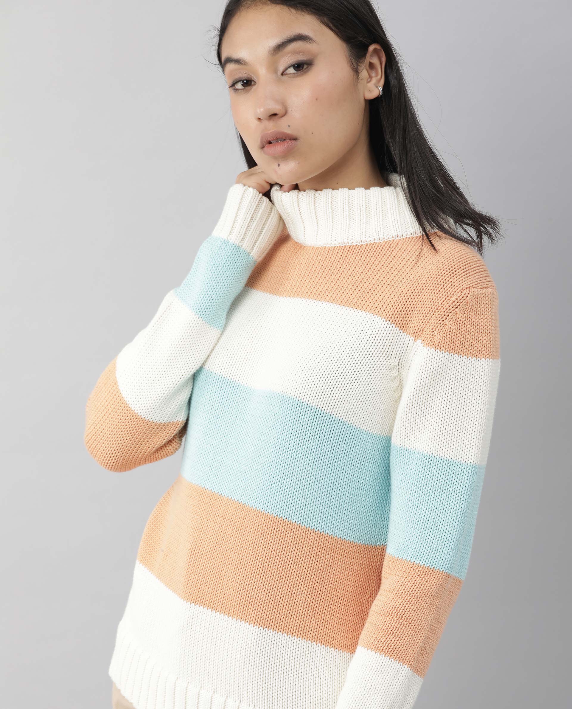 Rareism Women Tony Orange  Full Sleeves Regular Fit Color Blocked Turtle Neck Sweater