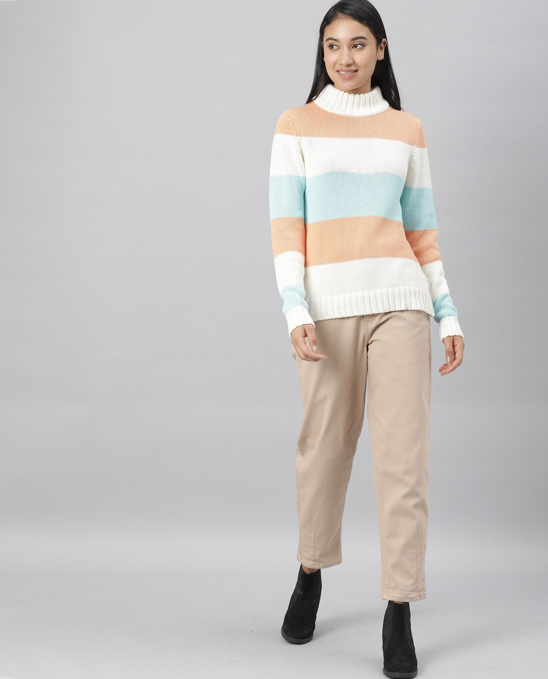 Rareism Women Tony Orange  Full Sleeves Regular Fit Color Blocked Turtle Neck Sweater