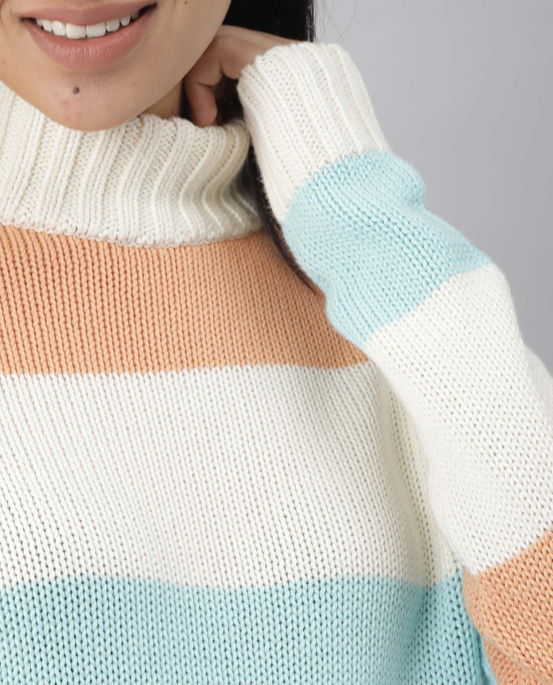 Rareism Women Tony Orange  Full Sleeves Regular Fit Color Blocked Turtle Neck Sweater