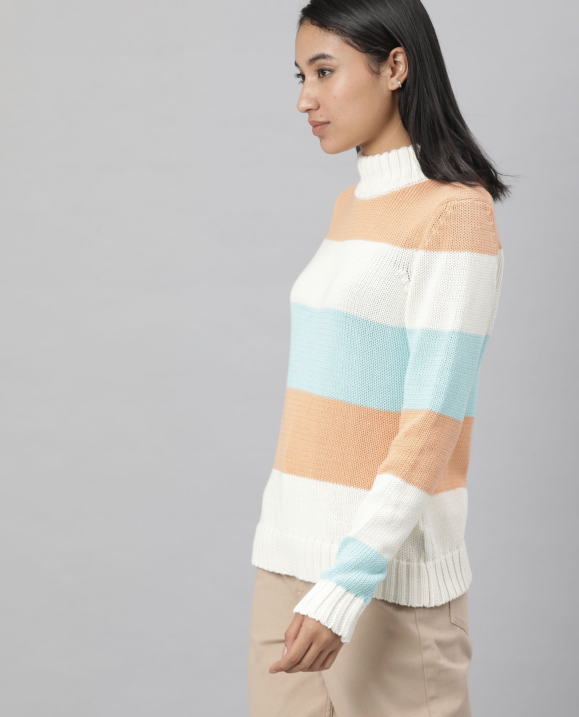 Rareism Women Tony Orange  Full Sleeves Regular Fit Color Blocked Turtle Neck Sweater