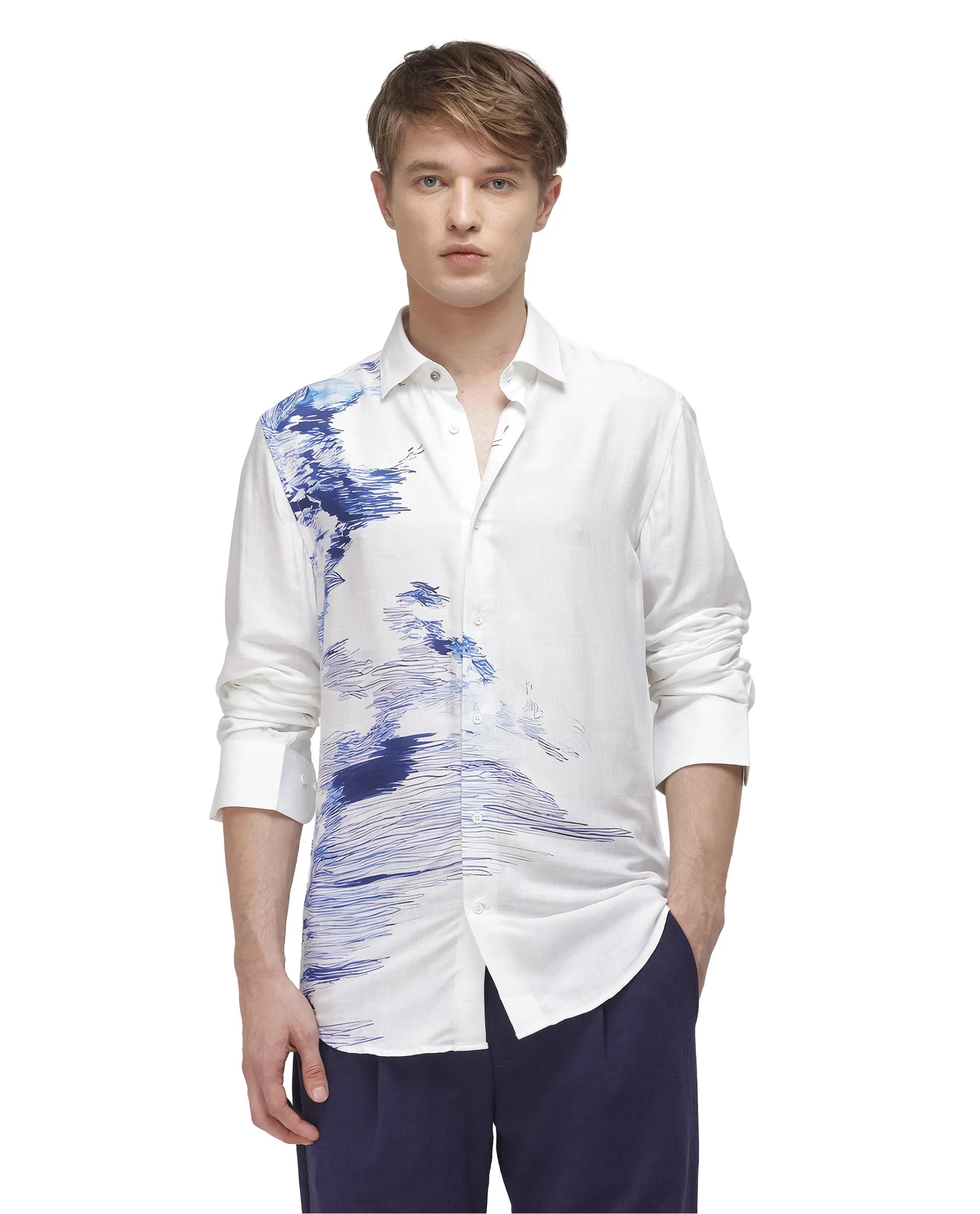 Rare Rabbit Men's Topan White Viscose Abstract Print Relaxed Fit Full Sleeve Collared Shirt