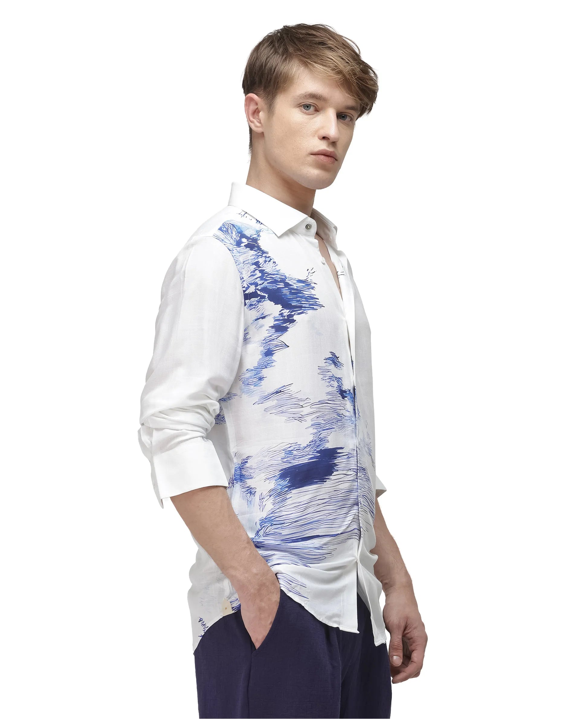 Rare Rabbit Men's Topan White Viscose Abstract Print Relaxed Fit Full Sleeve Collared Shirt