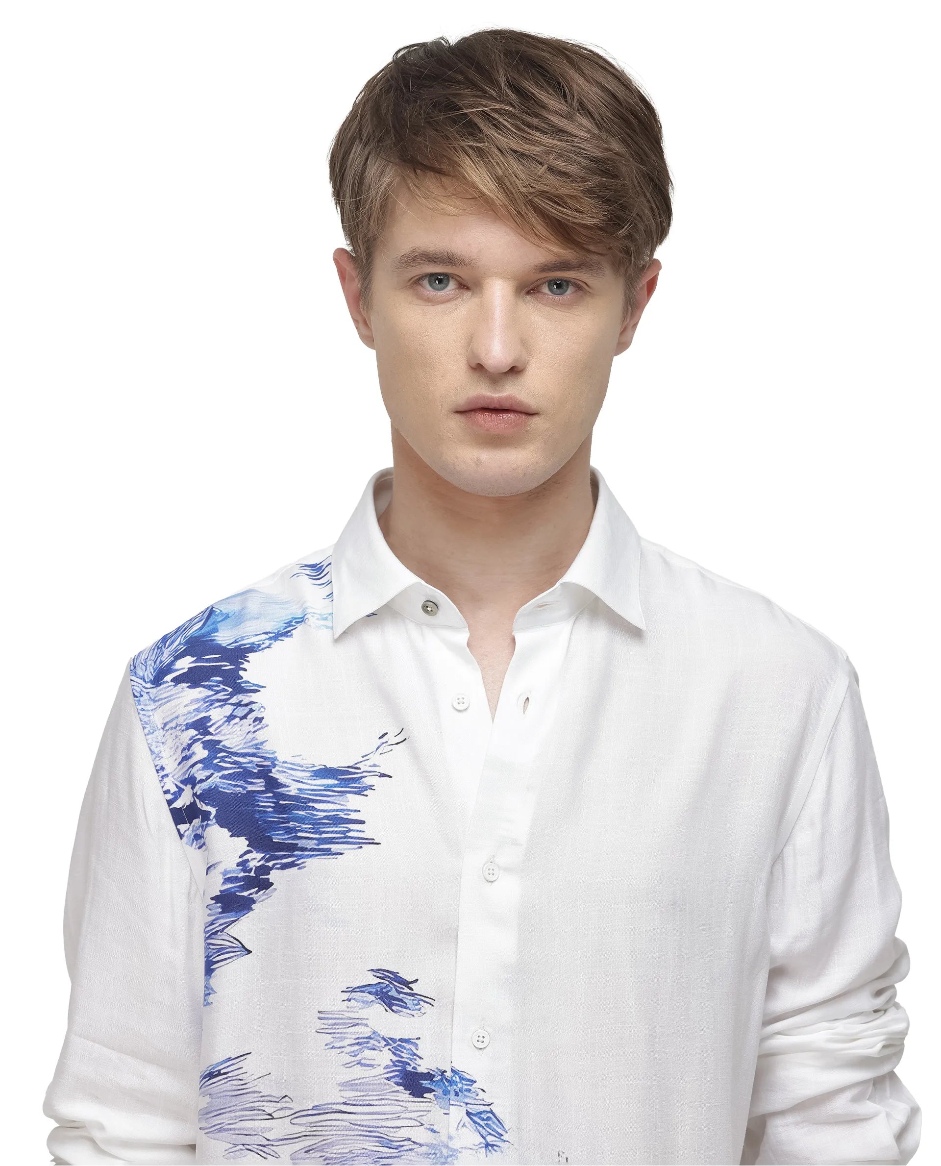 Rare Rabbit Men's Topan White Viscose Abstract Print Relaxed Fit Full Sleeve Collared Shirt