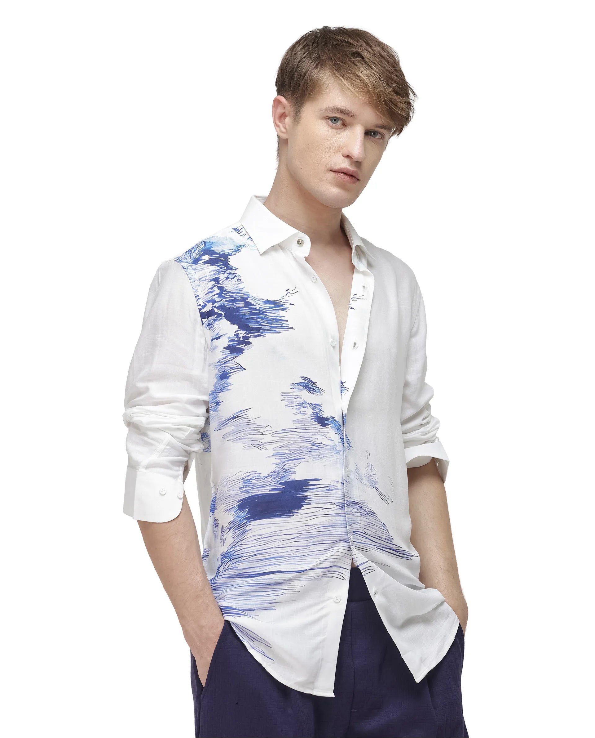 Rare Rabbit Men's Topan White Viscose Abstract Print Relaxed Fit Full Sleeve Collared Shirt