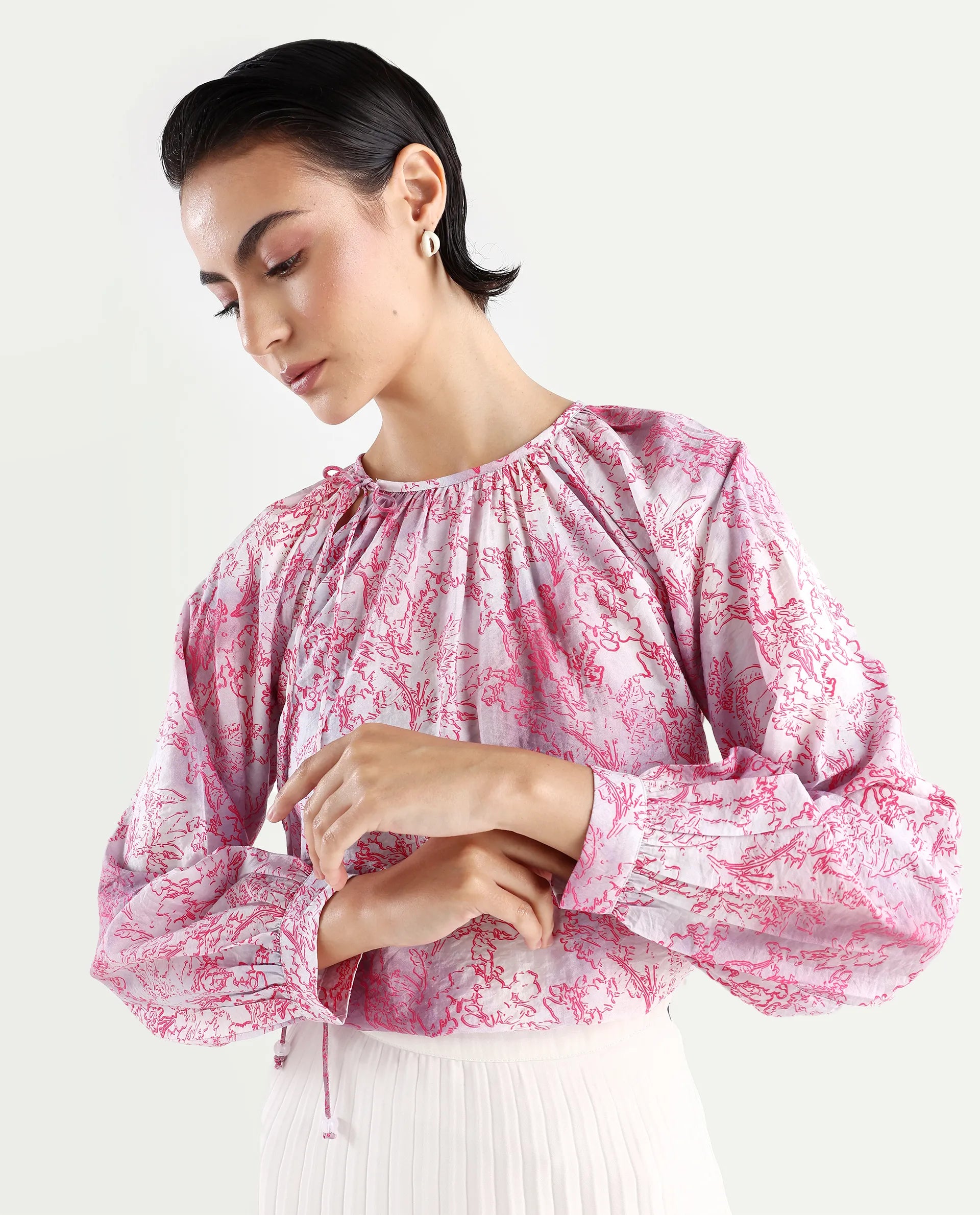 Rareism Women's Torborg Grey Cotton Blend Boat Neck Abstract Print Raglan Sleeve Regular Fit Top