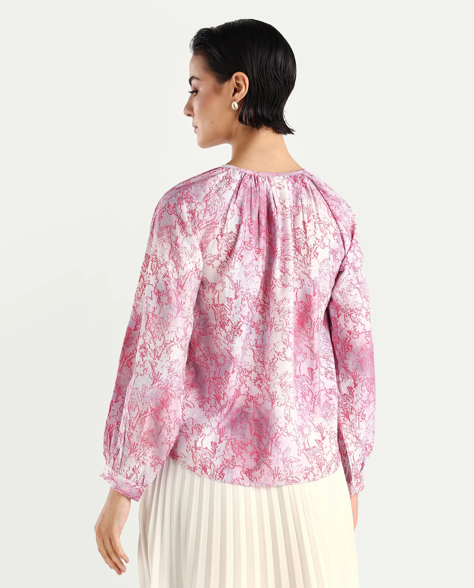 Rareism Women's Torborg Grey Cotton Blend Boat Neck Abstract Print Raglan Sleeve Regular Fit Top