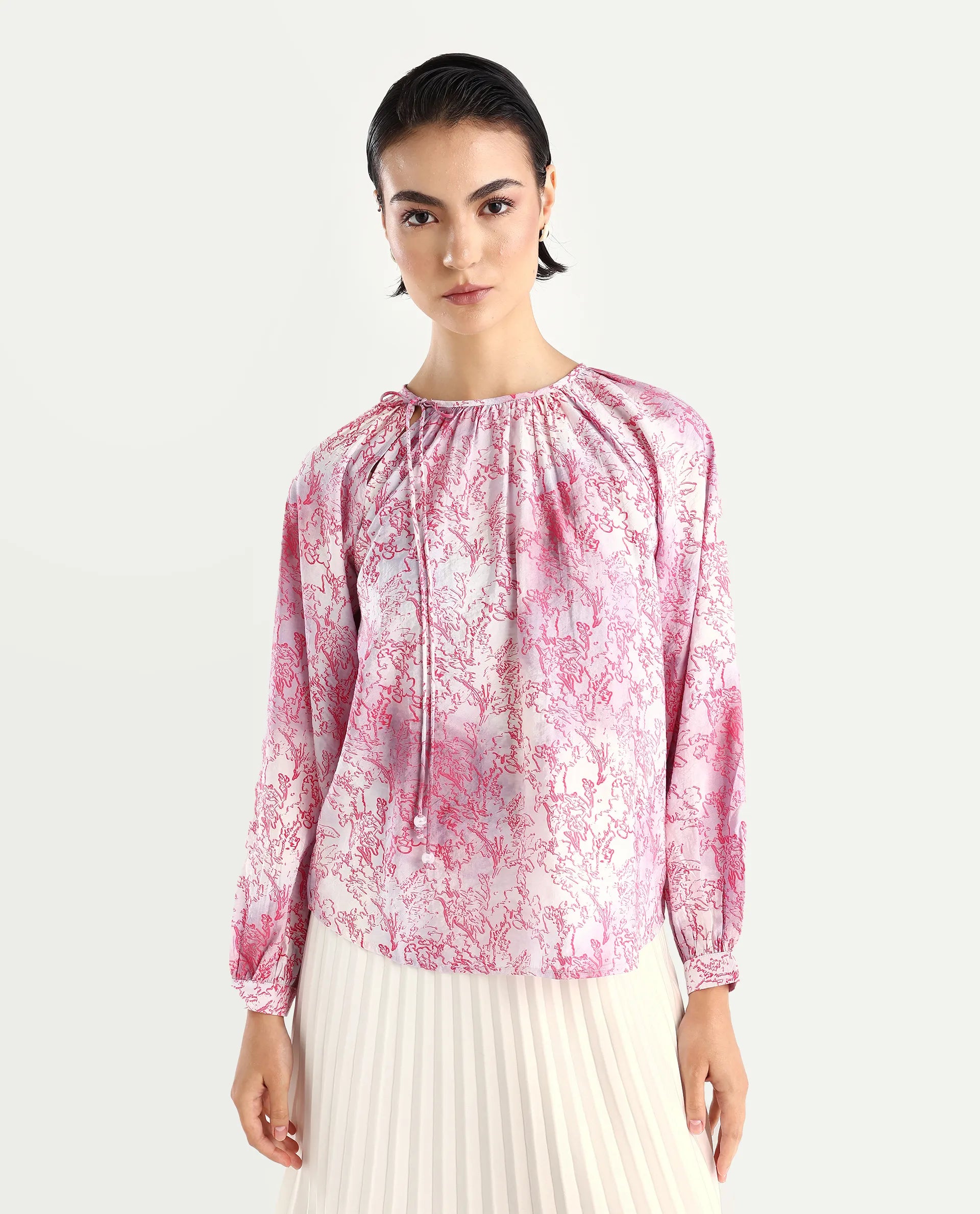 Rareism Women's Torborg Grey Cotton Blend Boat Neck Abstract Print Raglan Sleeve Regular Fit Top