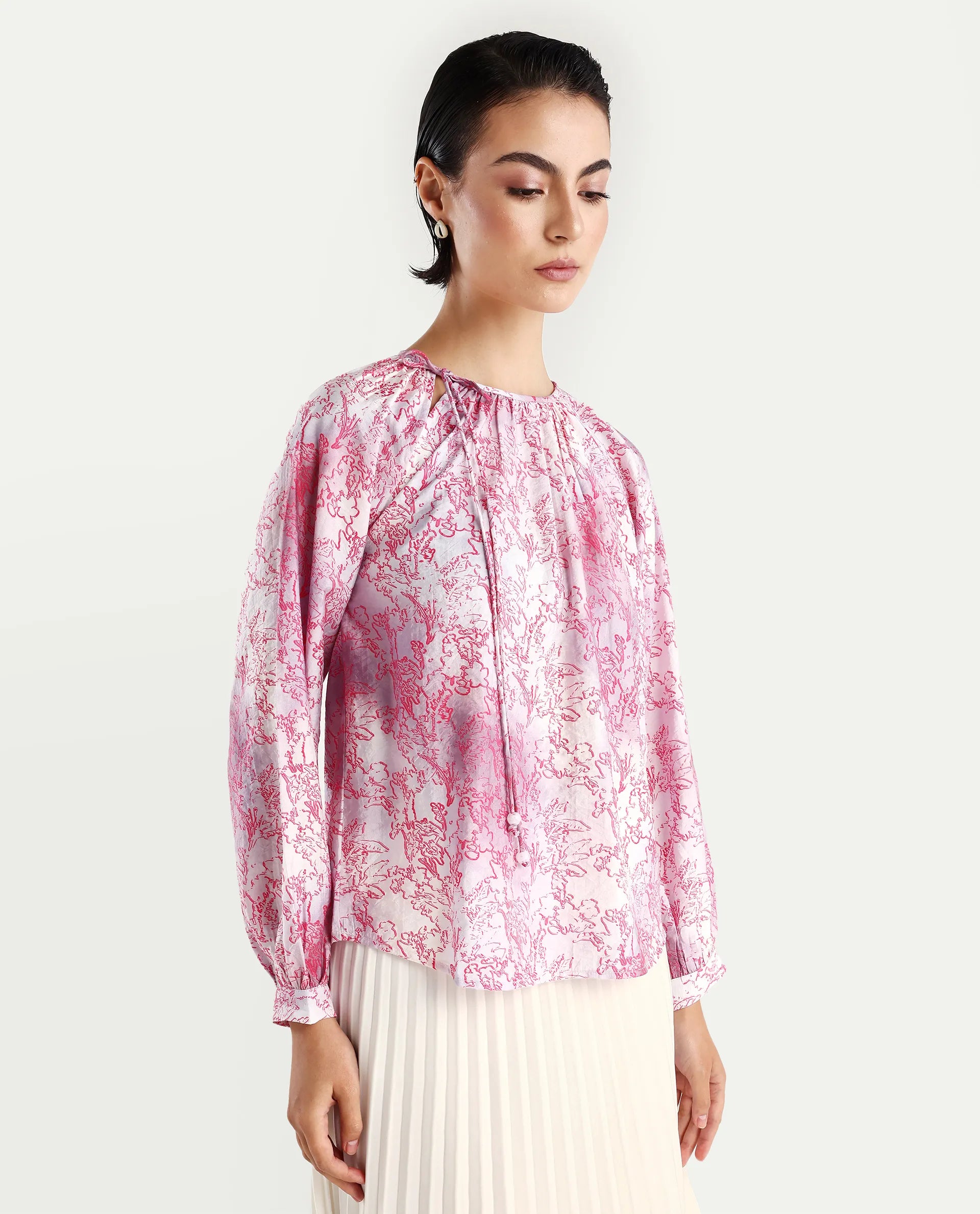 Rareism Women's Torborg Grey Cotton Blend Boat Neck Abstract Print Raglan Sleeve Regular Fit Top