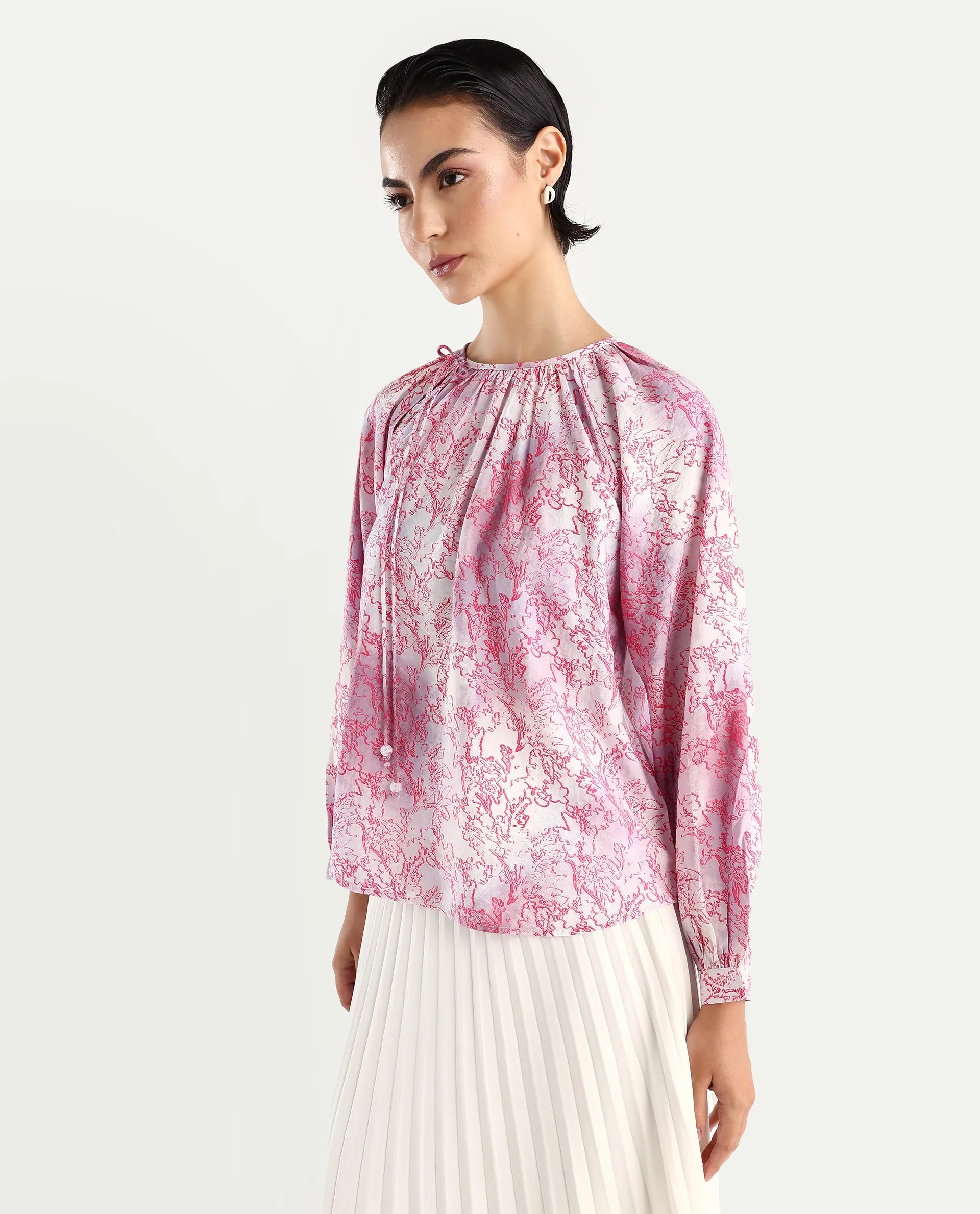 Rareism Women's Torborg Grey Cotton Blend Boat Neck Abstract Print Raglan Sleeve Regular Fit Top