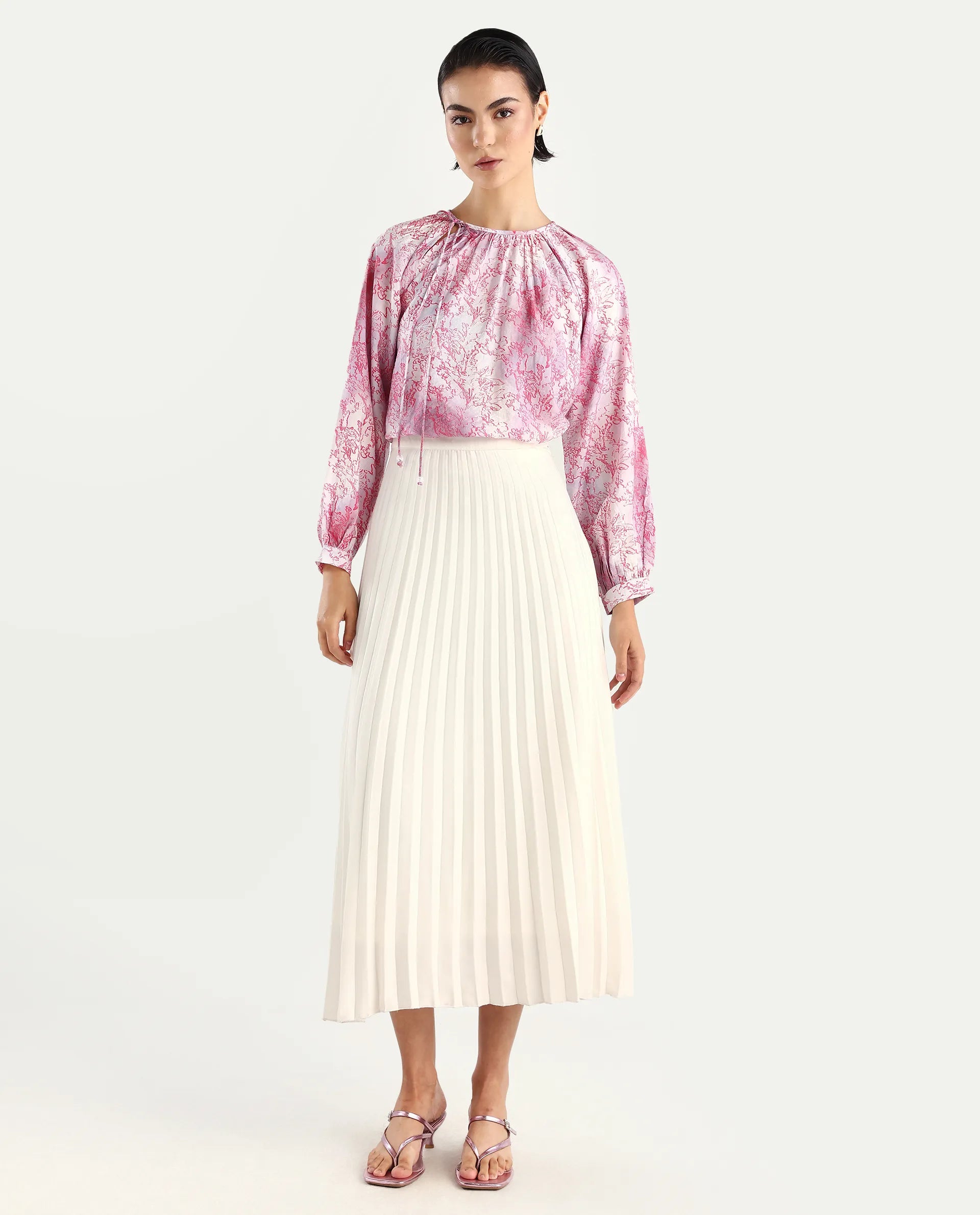 Rareism Women's Torborg Grey Cotton Blend Boat Neck Abstract Print Raglan Sleeve Regular Fit Top