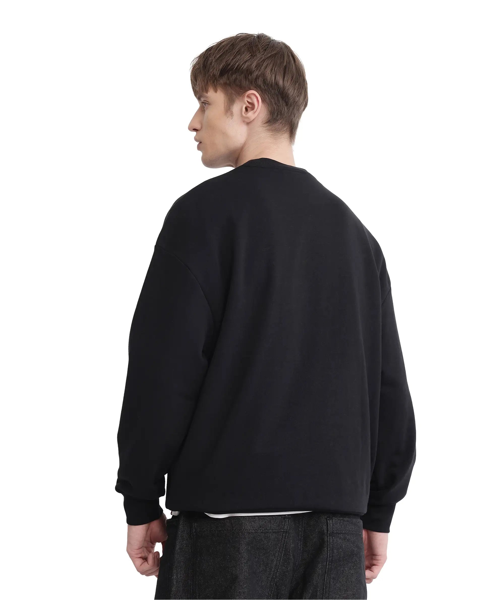 Rare Rabbit Men Toren Black Cotton Blend Fabric Full Sleeve Boxy Fit Label Detail Sweatshirt