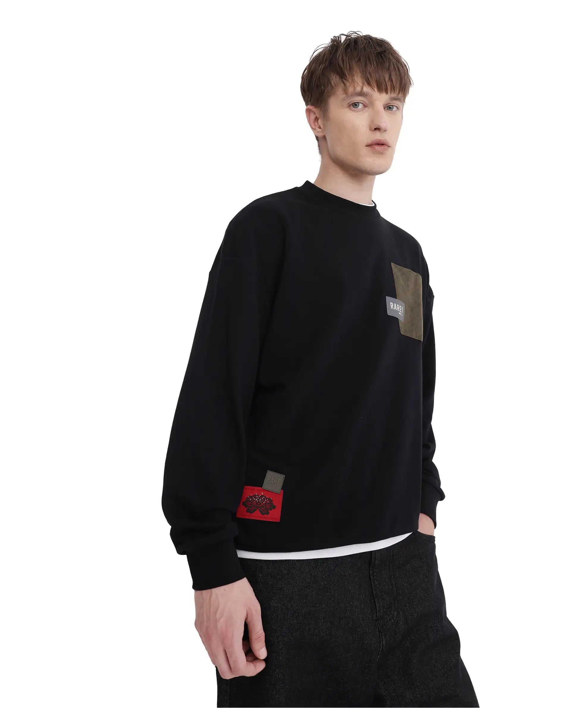 Rare Rabbit Men Toren Black Cotton Blend Fabric Full Sleeve Boxy Fit Label Detail Sweatshirt