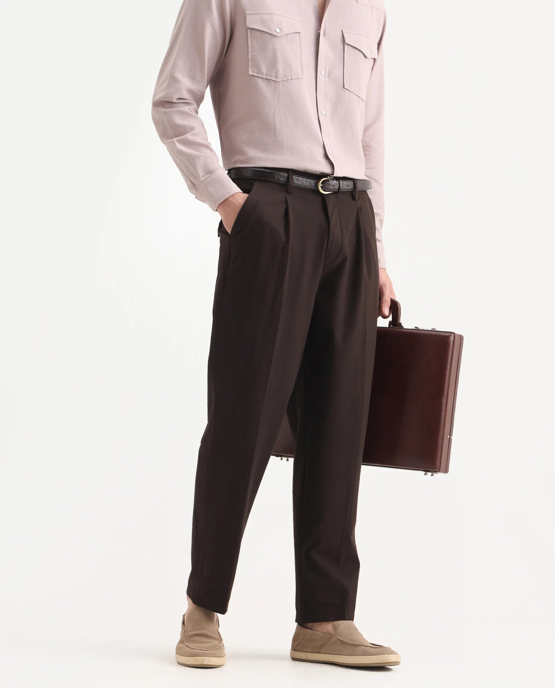 Rare Rabbit Men's Tori Dark Brown Cotton Plain Relaxed Fit Trouser