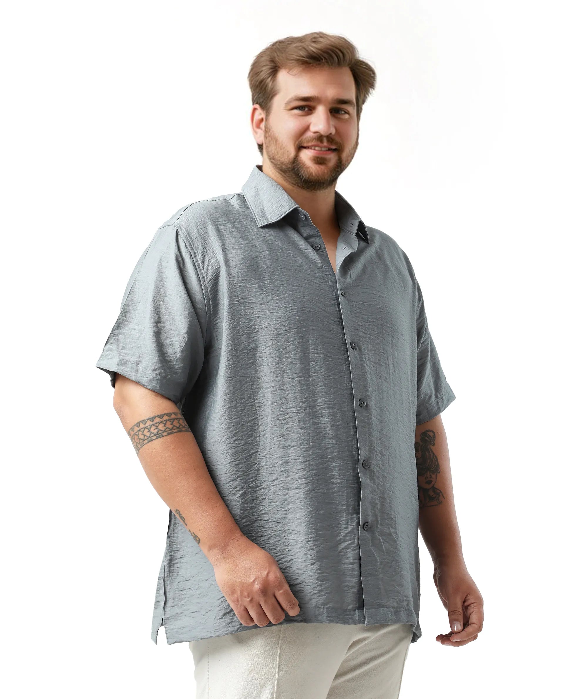 Rare Rabbit Men Torin Big Dusky Blue Cotton Fabric Half Sleeve Spread Collar Button Closure Plain Shirt