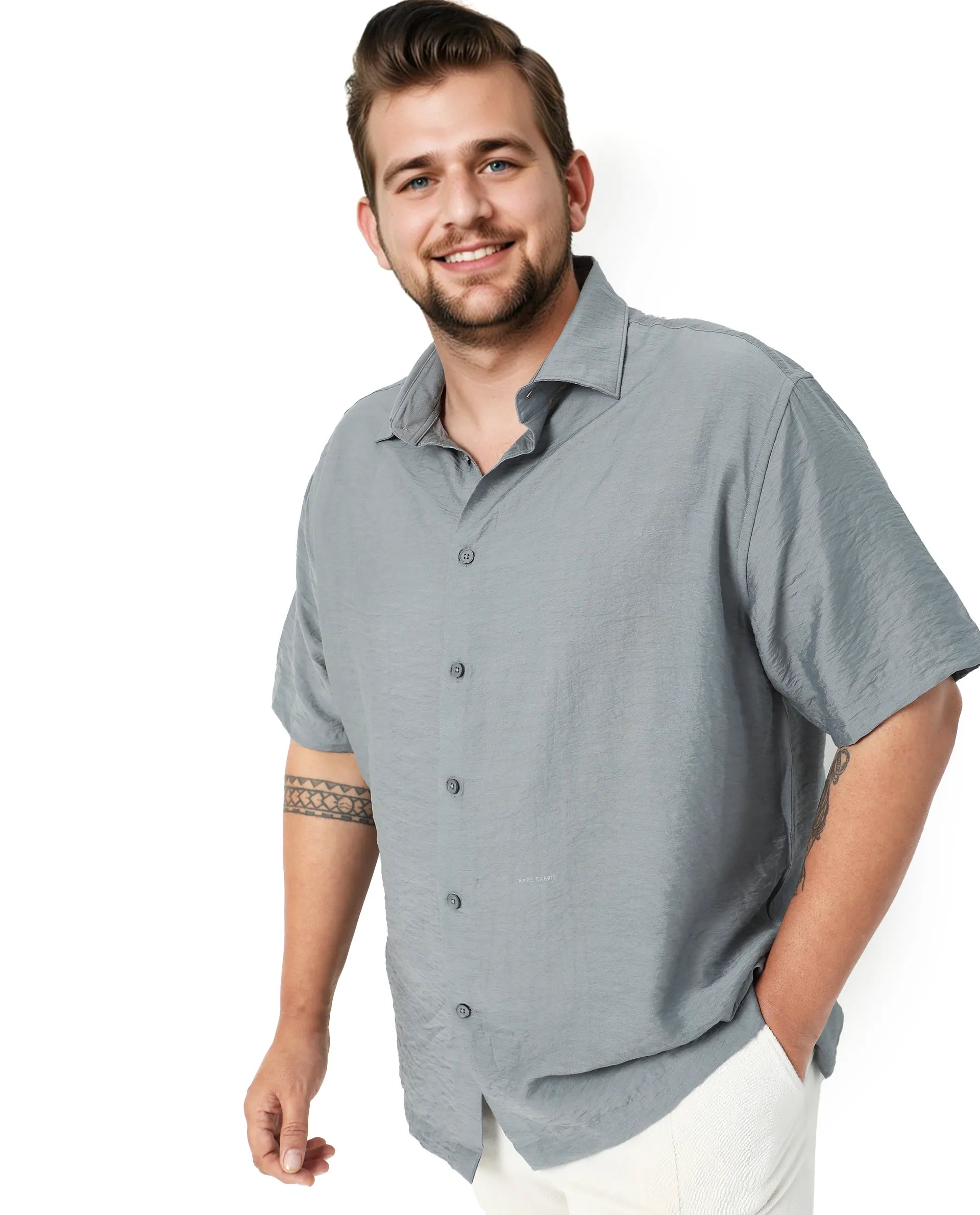 Rare Rabbit Men Torin Big Dusky Blue Cotton Fabric Half Sleeve Spread Collar Button Closure Plain Shirt
