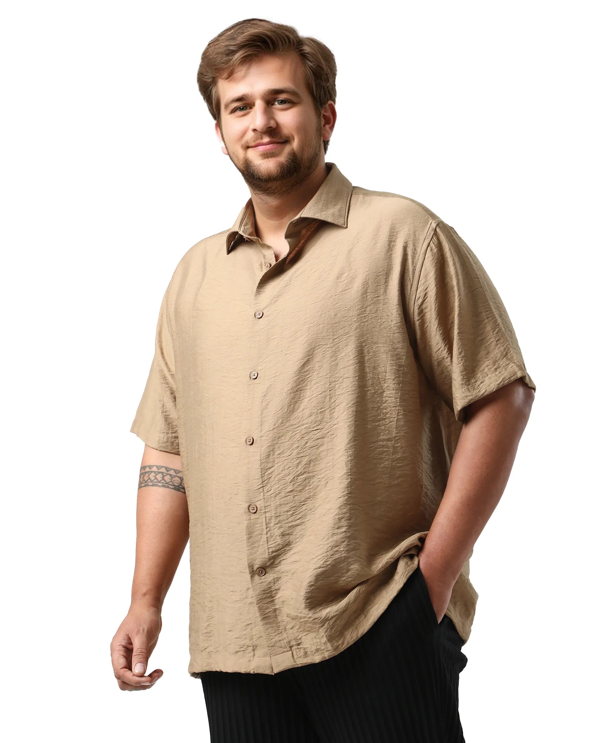 Rare Rabbit Men Torin Big Pastel Brown Cotton Fabric Half Sleeve Spread Collar Button Closure Plain Shirt