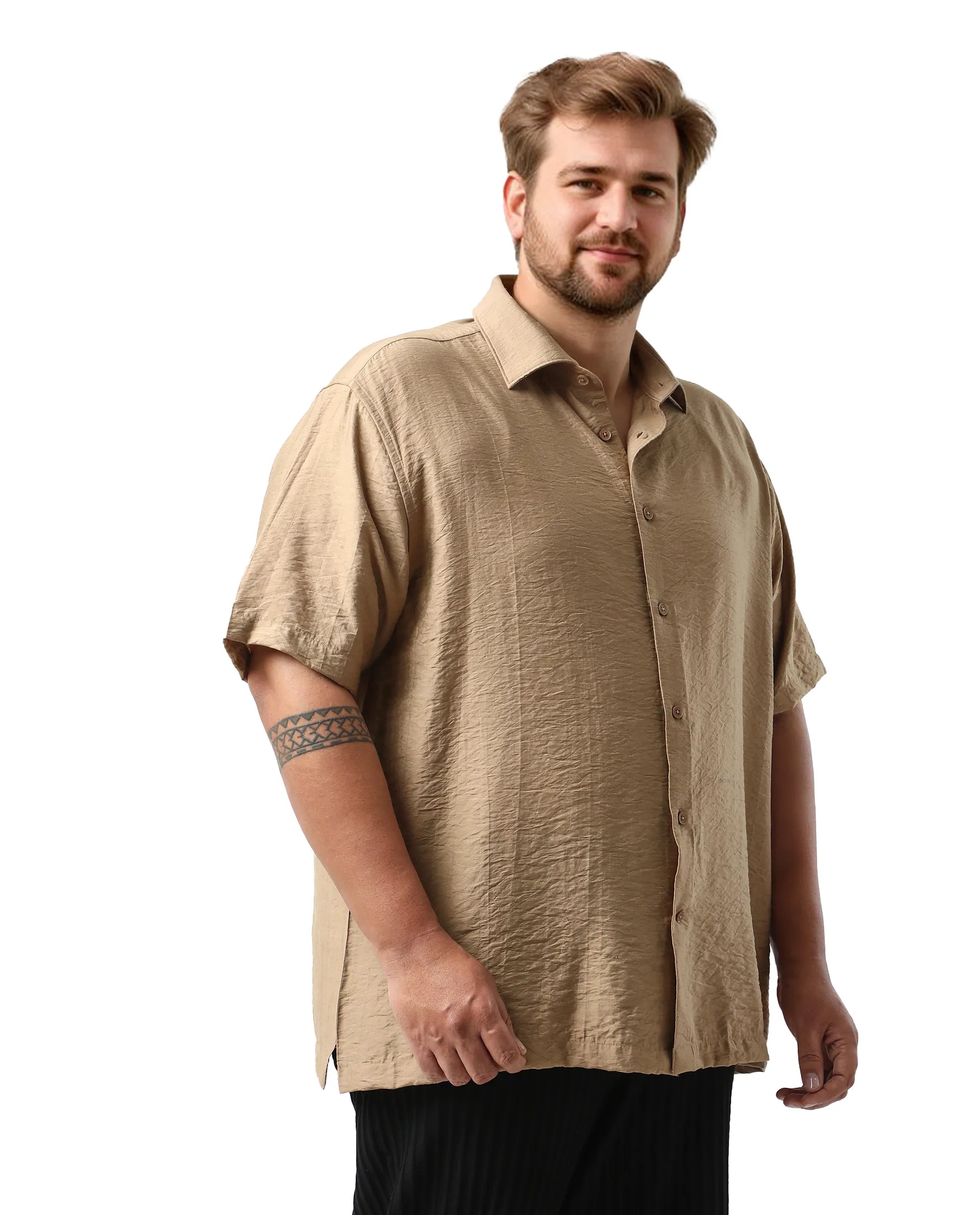 Rare Rabbit Men Torin Big Pastel Brown Cotton Fabric Half Sleeve Spread Collar Button Closure Plain Shirt