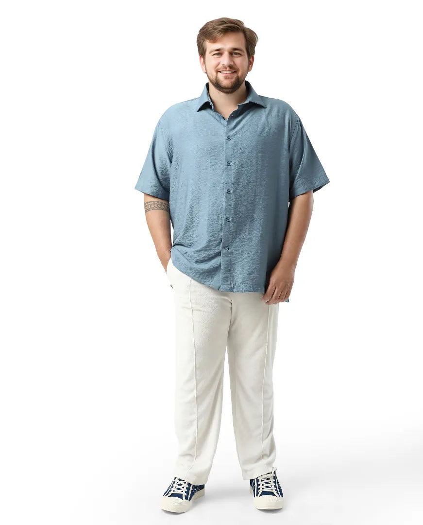 Rare Rabbit Men Torin Big Light Blue Cotton Fabric Half Sleeve Spread Collar Button Closure Plain Shirt